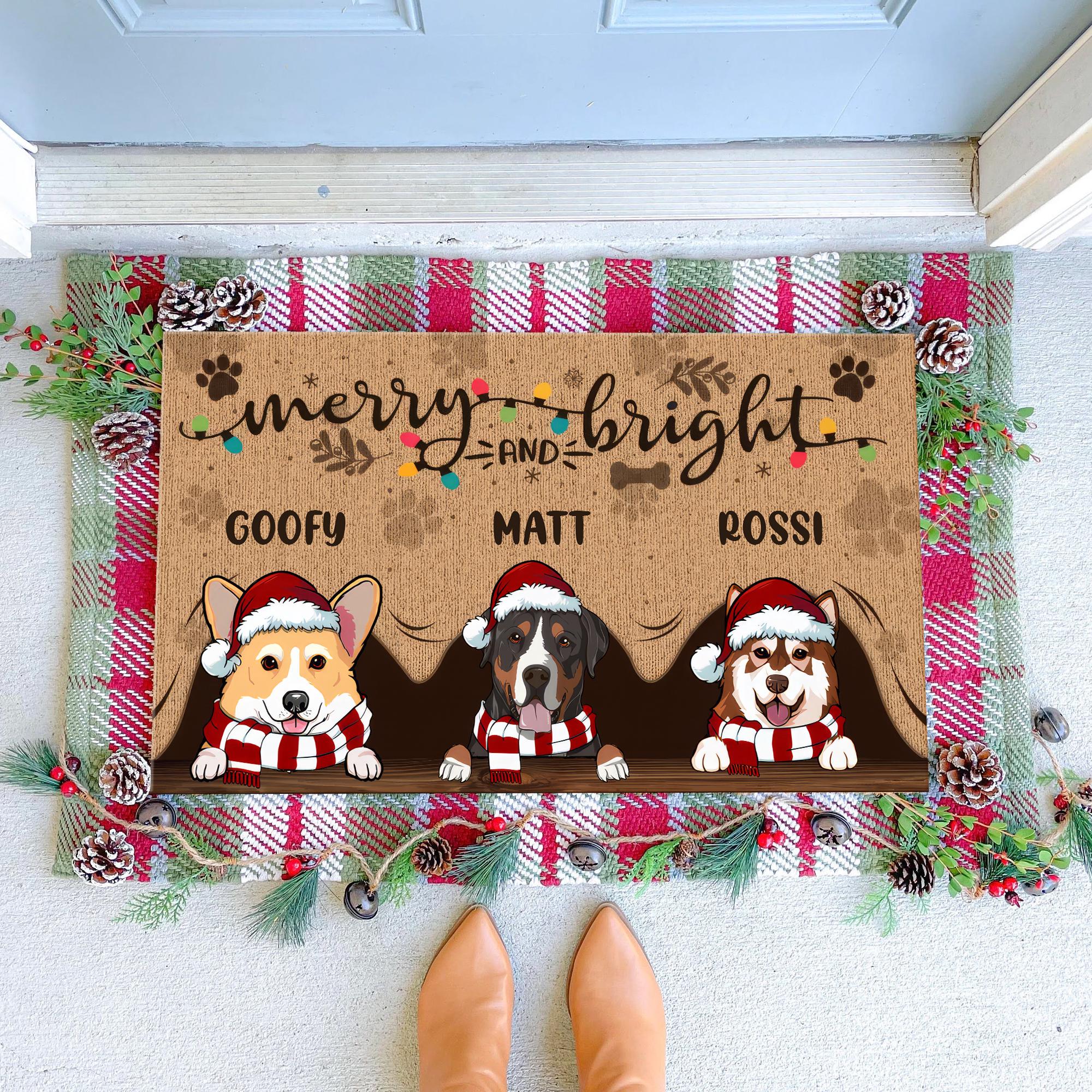 Merry And Bright Dog Peeking Welcome Mat, Christmas Personalized Doormat for Dogs, Gifts For Dog Lovers, Housewarming Gift for Dog Mama