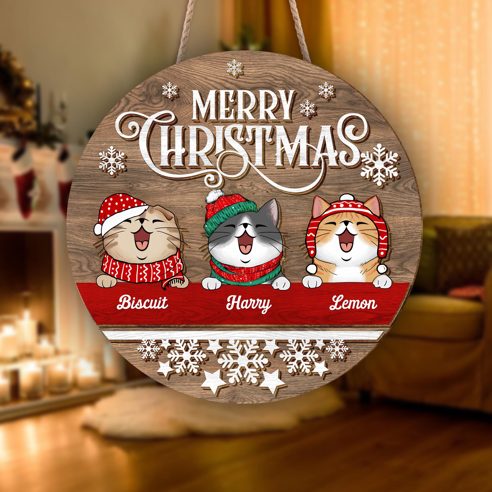 Merry Christmas Personalized Cat Welcome Wood Sign, Christmas Wreath Decorations, Gifts For Cat Lovers, Xmas Gifts, Front Door Hanger