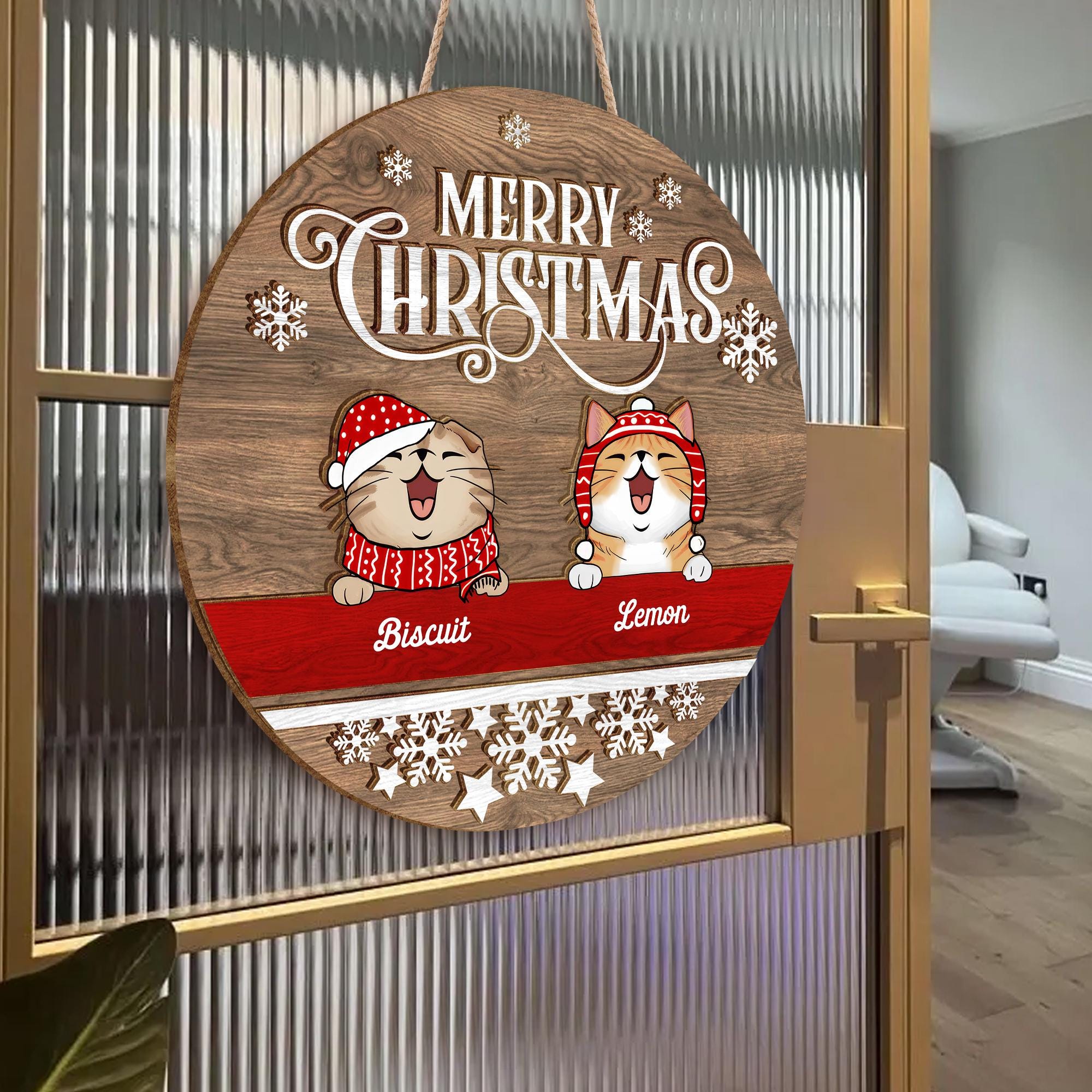 Merry Christmas Personalized Cat Welcome Wood Sign, Christmas Wreath Decorations, Gifts For Cat Lovers, Xmas Gifts, Front Door Hanger