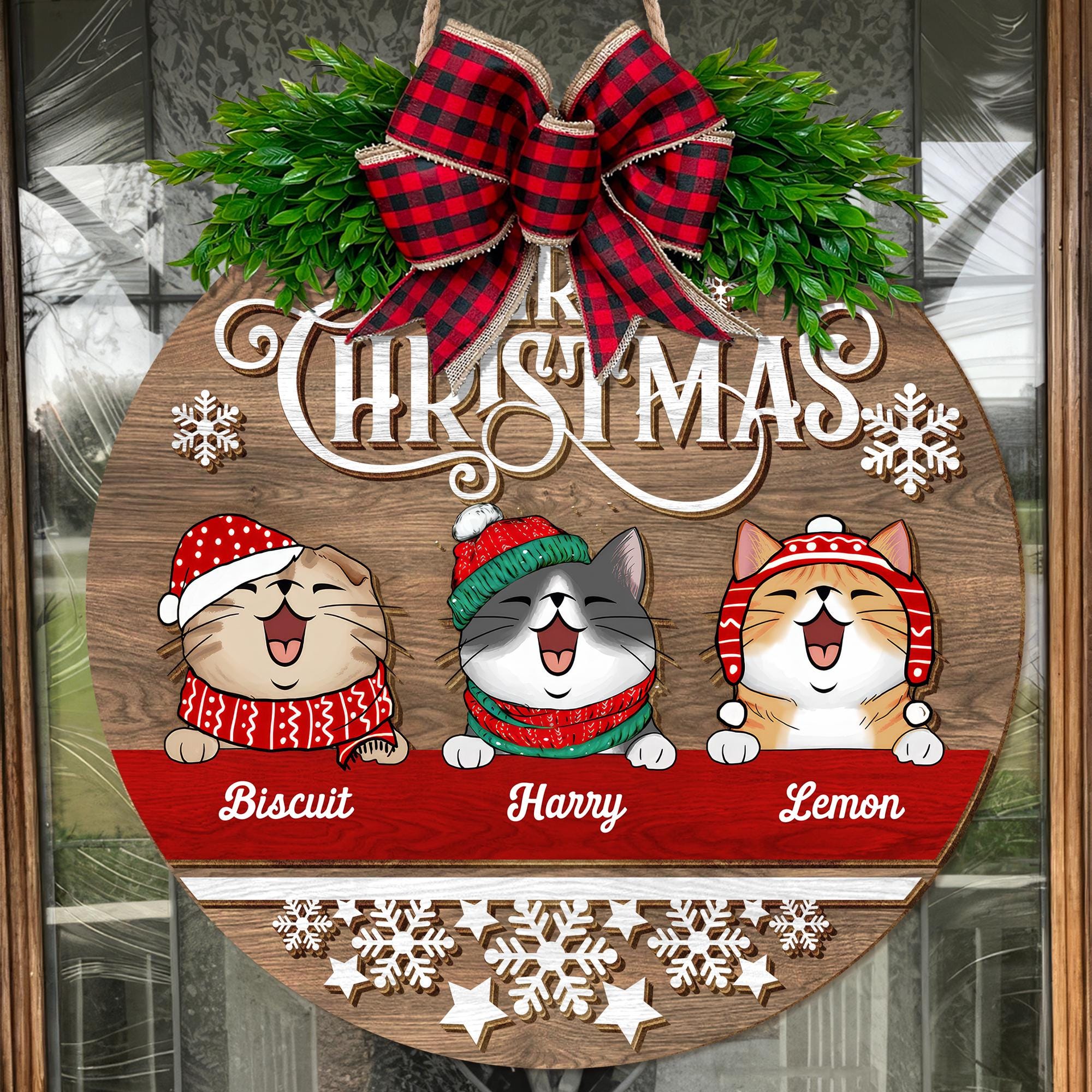 Merry Christmas Personalized Cat Welcome Wood Sign, Christmas Wreath Decorations, Gifts For Cat Lovers, Xmas Gifts, Front Door Hanger