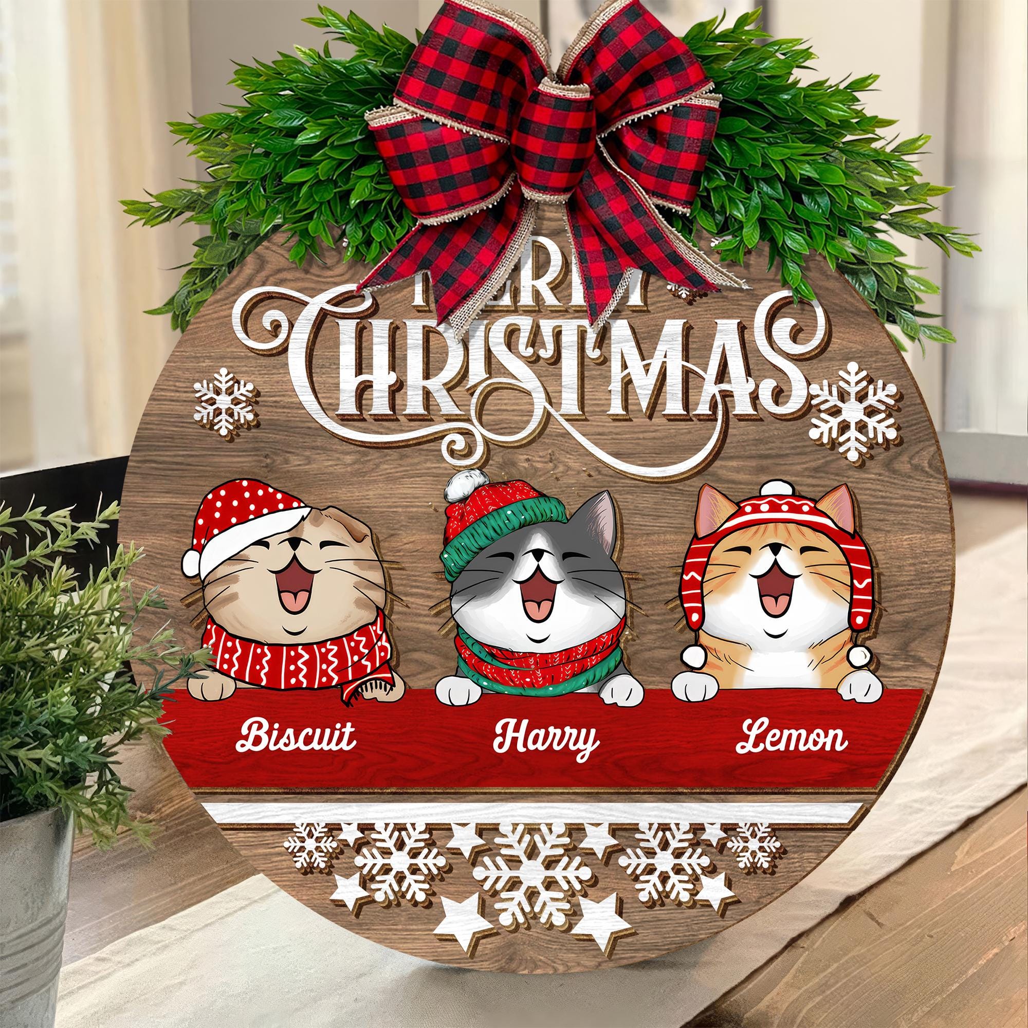 Merry Christmas Personalized Cat Welcome Wood Sign, Christmas Wreath Decorations, Gifts For Cat Lovers, Xmas Gifts, Front Door Hanger