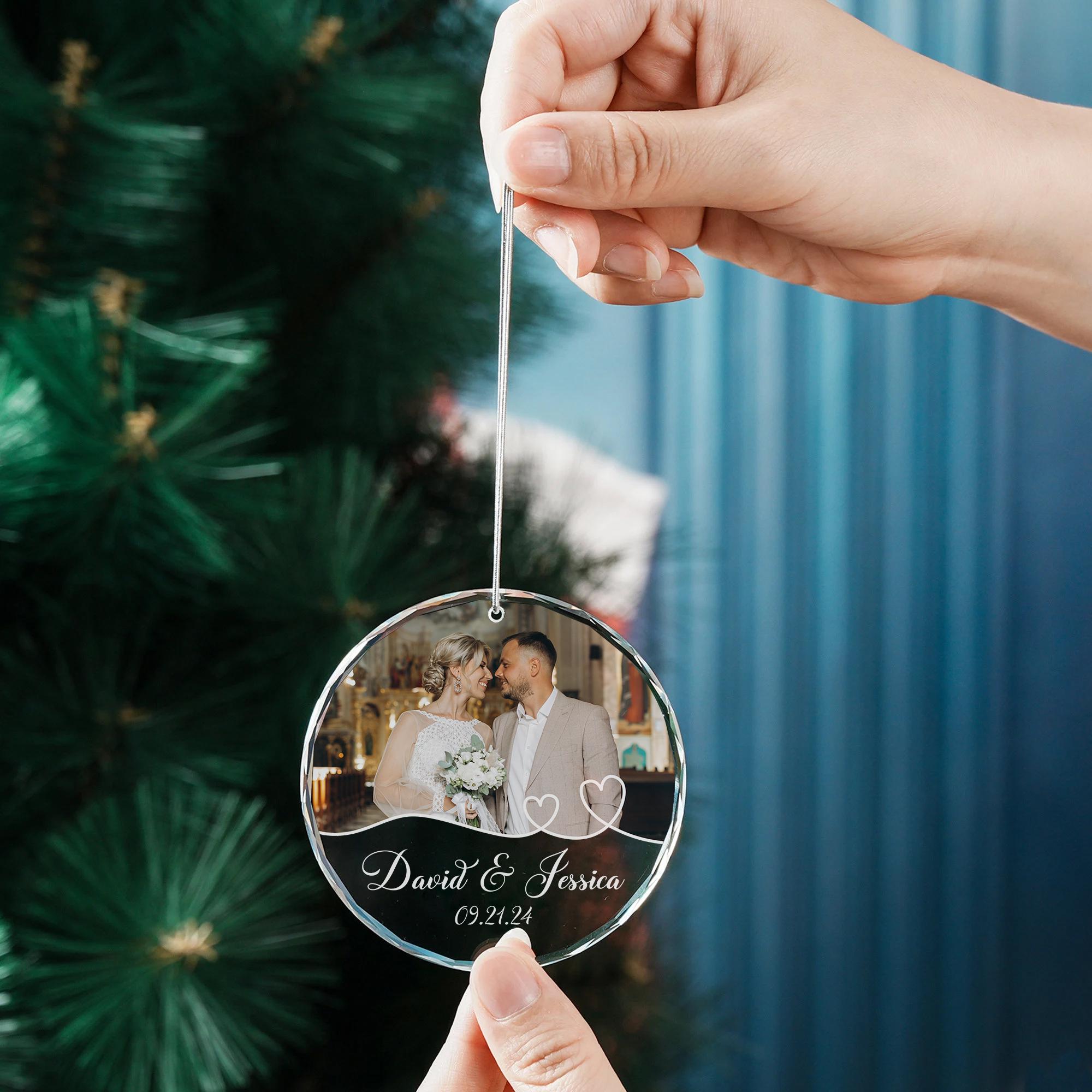 Personalized Couple Photo Crystal Ornament, Newly Married Glass Ornaments, Valentine Gifts, Bridal Shower, Mr & Mrs Christmas Keepsake Gifts