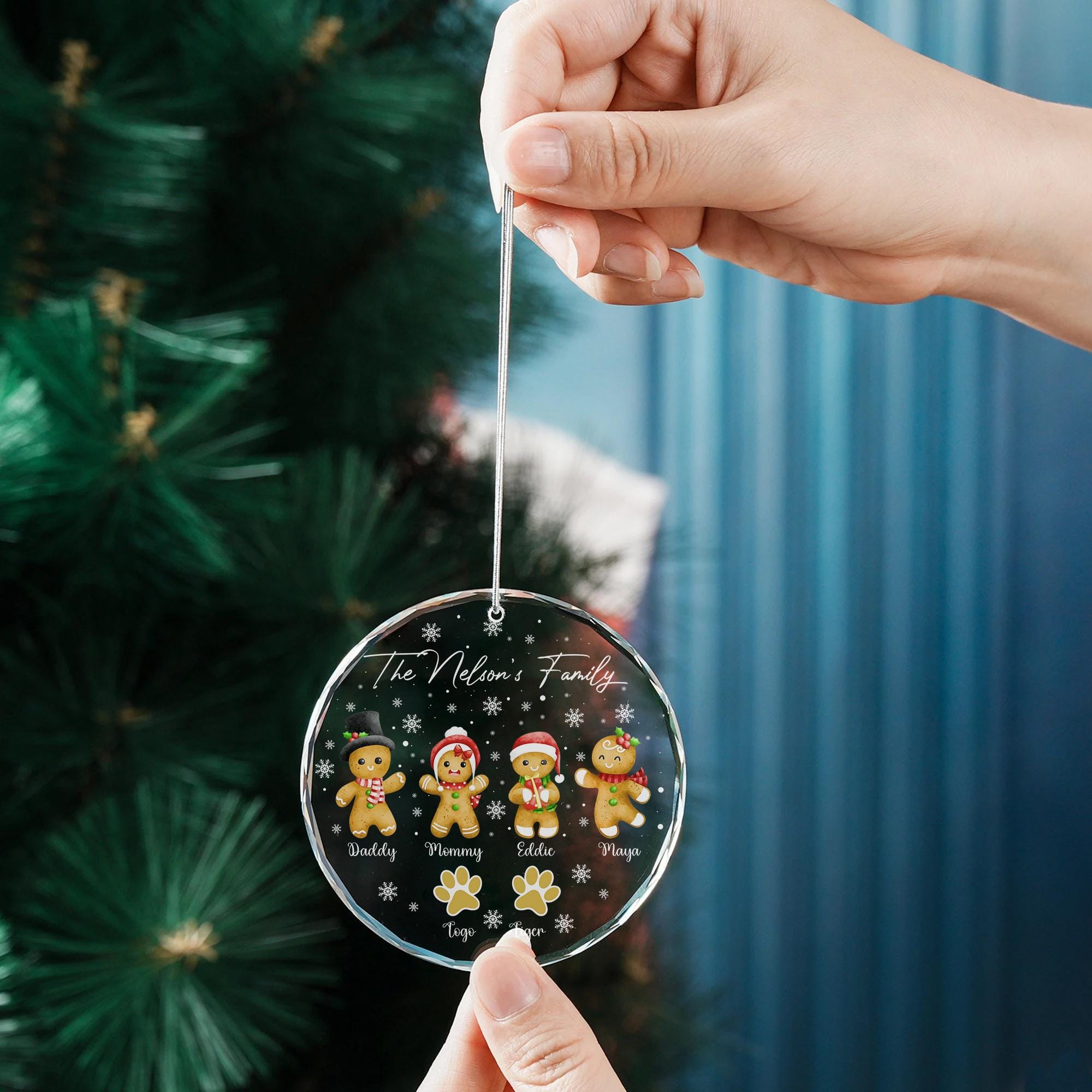 Personalized Christmas Gingerbread Family Crystal Ornament, Family Glass Ornaments for Christmas Tree, Christmas Ornament 2024