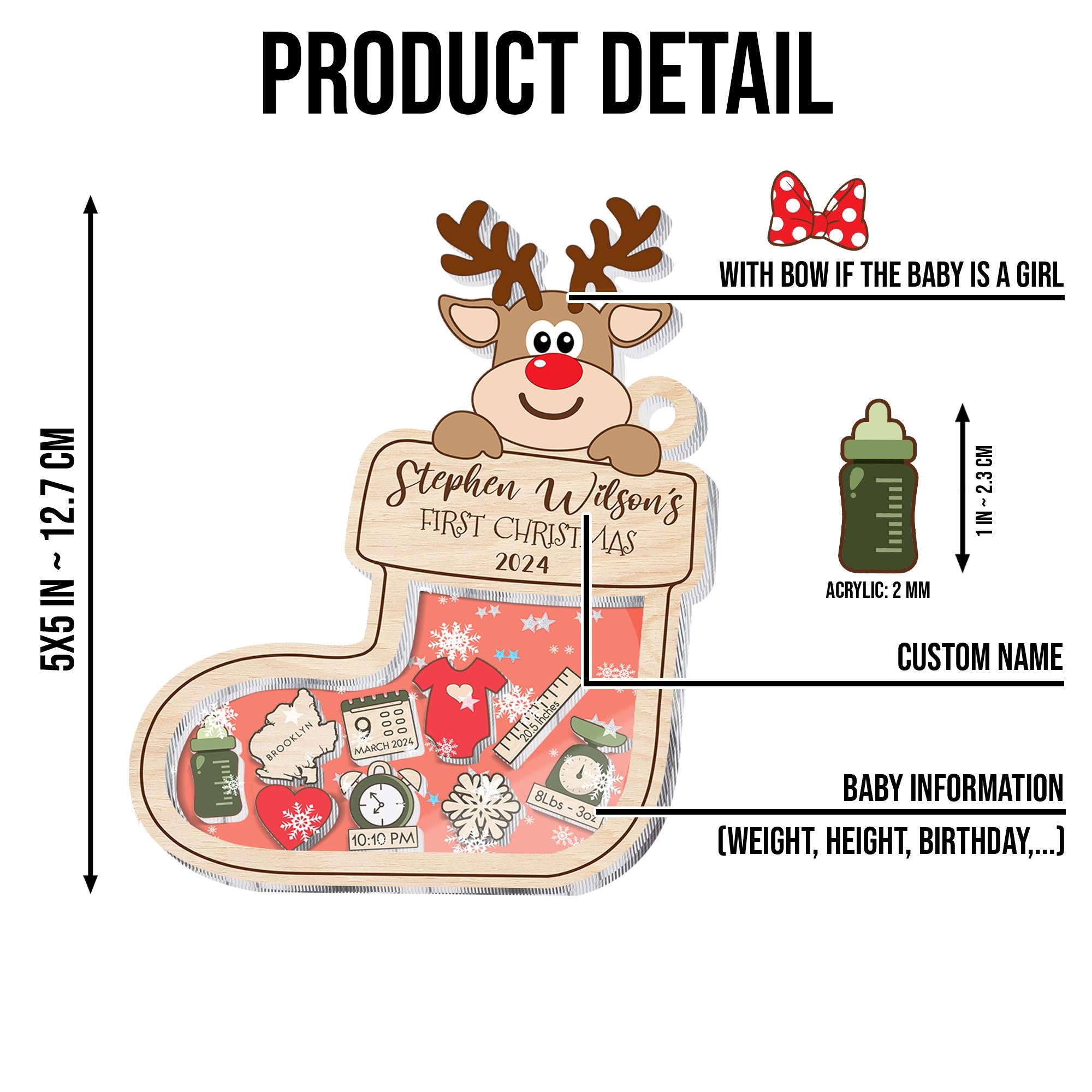 Personalized Reindeer 4D Shaker Ornament Gift for Baby's First Christmas 2024, Baby Shower Gift, Baby Name Xmas Keepsake