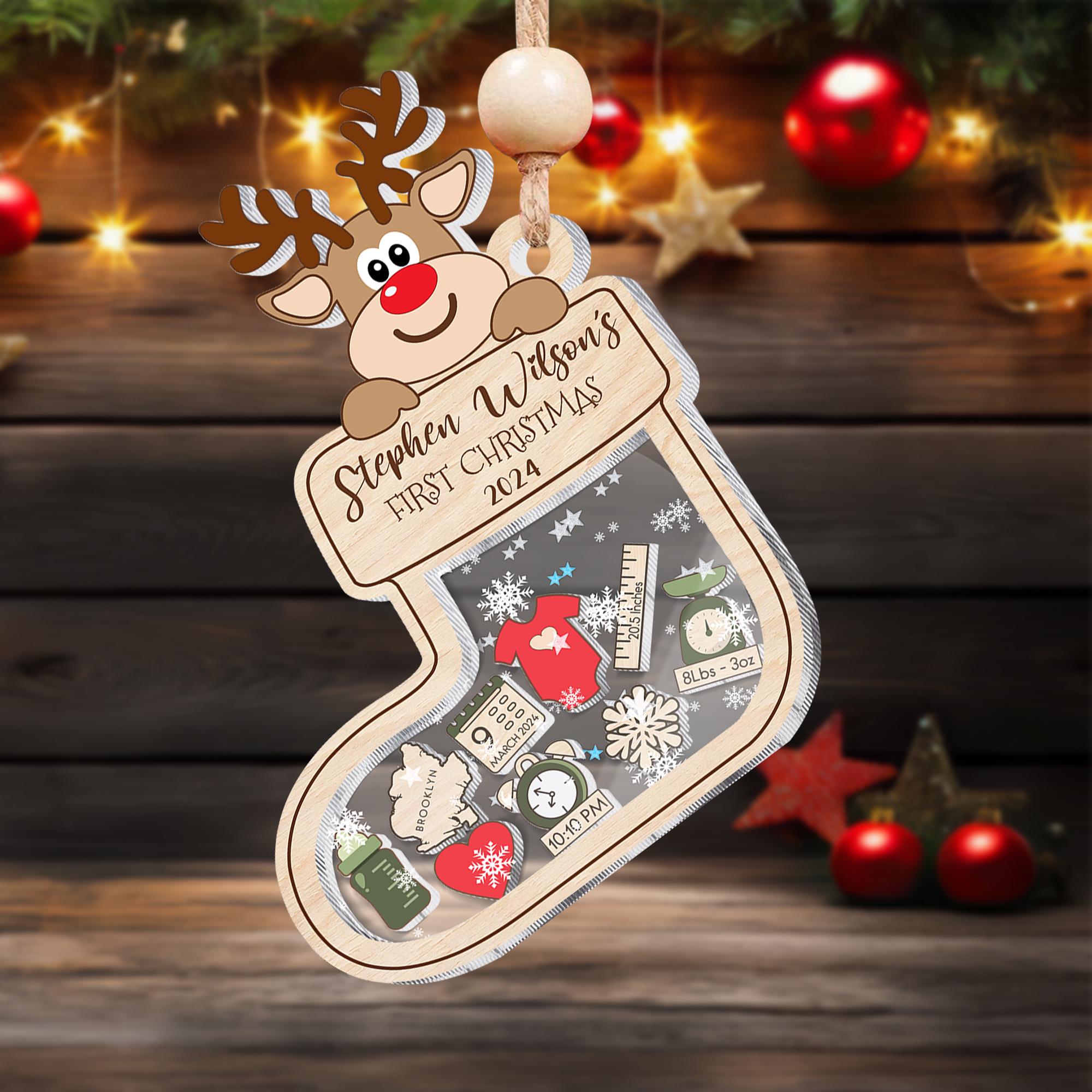 Personalized Reindeer 4D Shaker Ornament Gift for Baby's First Christmas 2024, Baby Shower Gift, Baby Name Xmas Keepsake