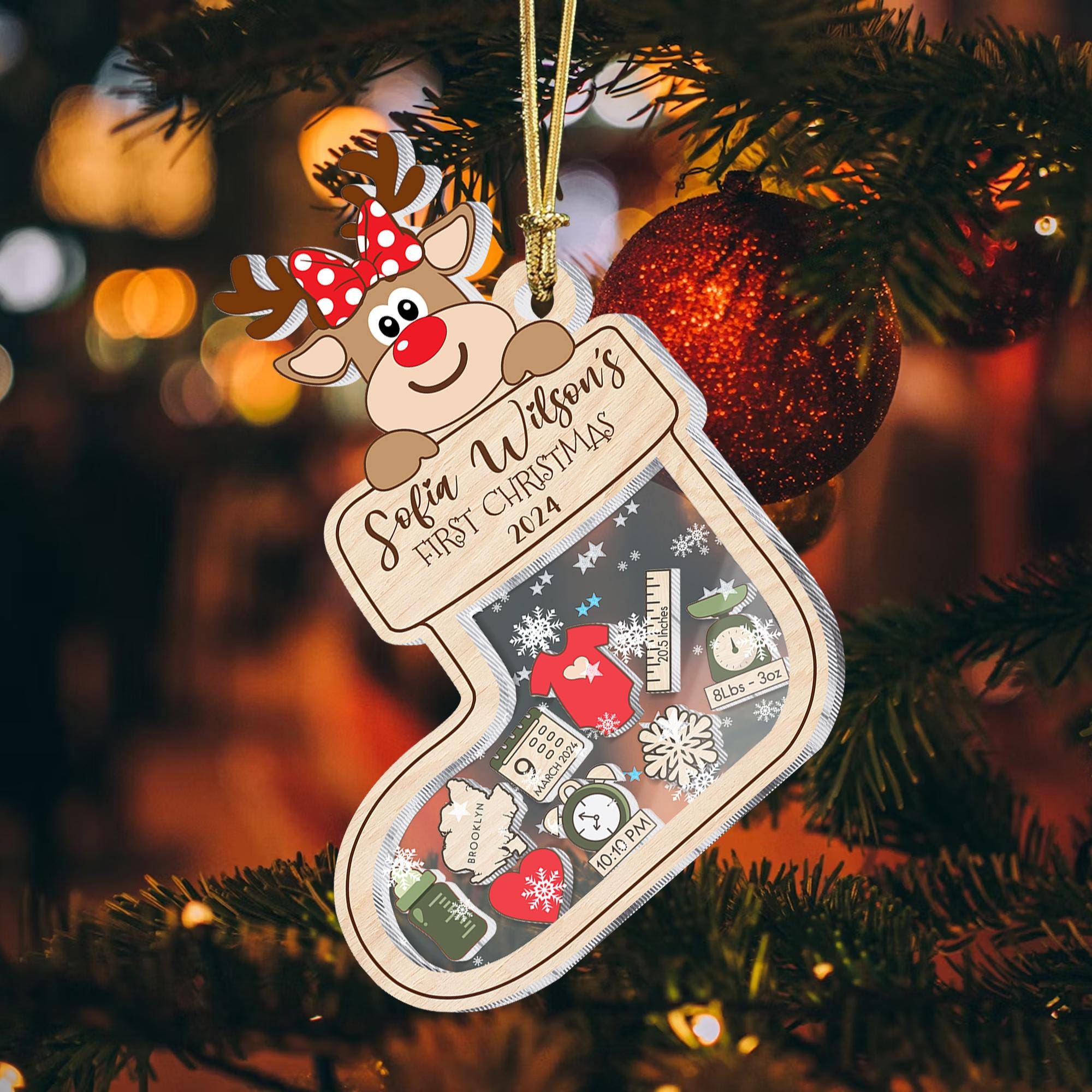 Personalized Reindeer 4D Shaker Ornament Gift for Baby's First Christmas 2024, Baby Shower Gift, Baby Name Xmas Keepsake