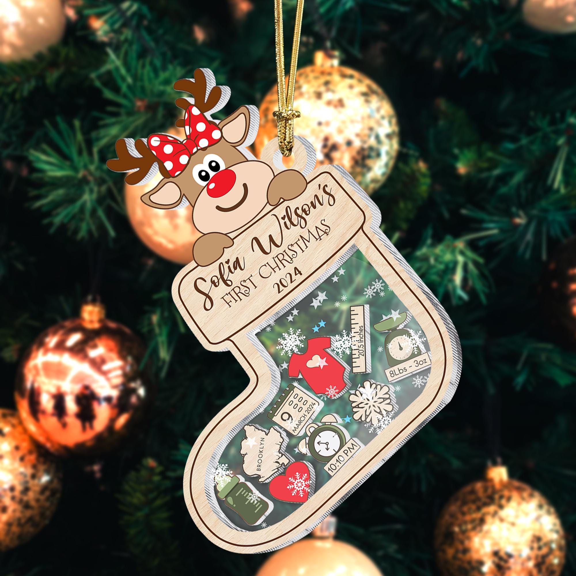 Personalized Reindeer 4D Shaker Ornament Gift for Baby's First Christmas 2024, Baby Shower Gift, Baby Name Xmas Keepsake