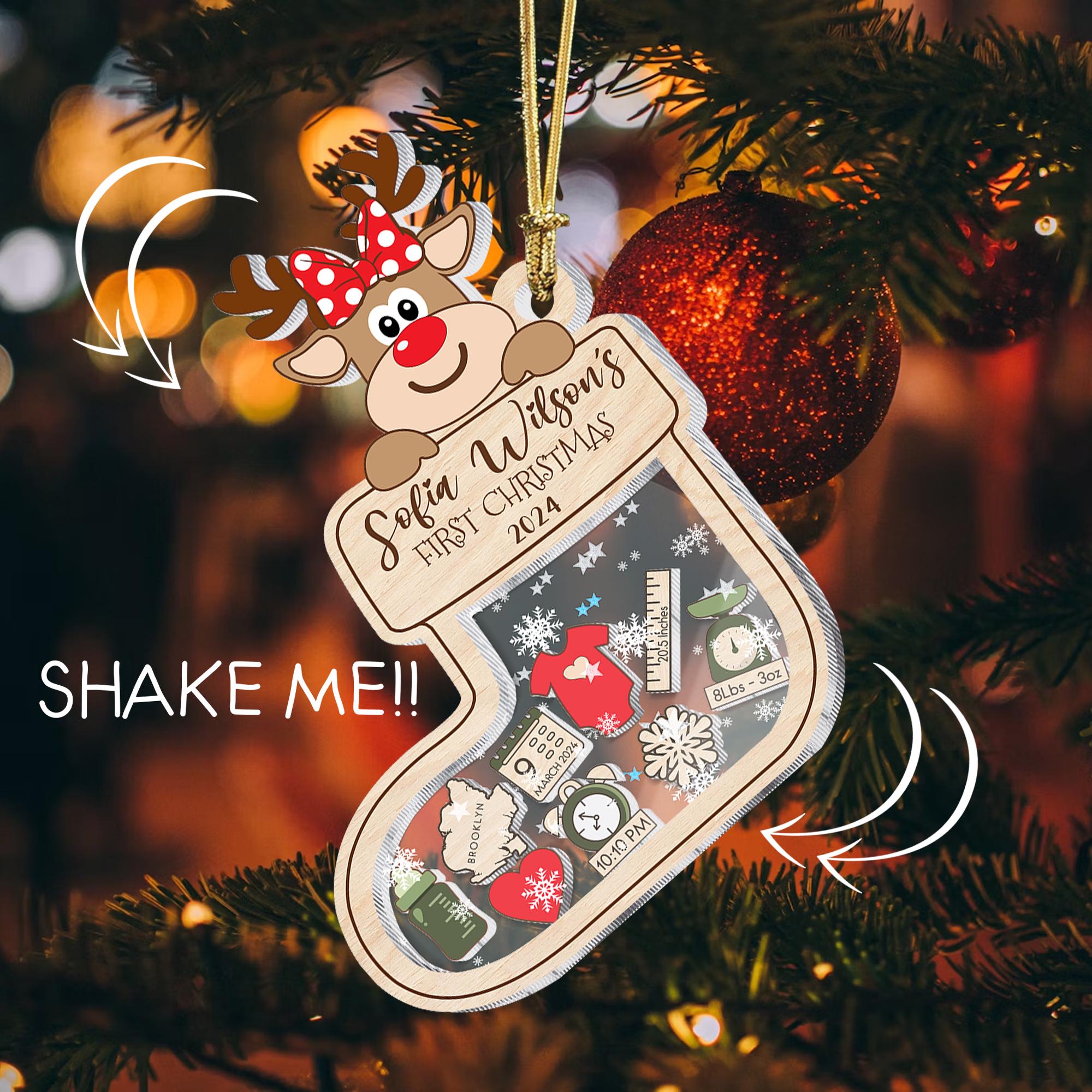 Personalized Reindeer 4D Shaker Ornament Gift for Baby's First Christmas 2024, Baby Shower Gift, Baby Name Xmas Keepsake