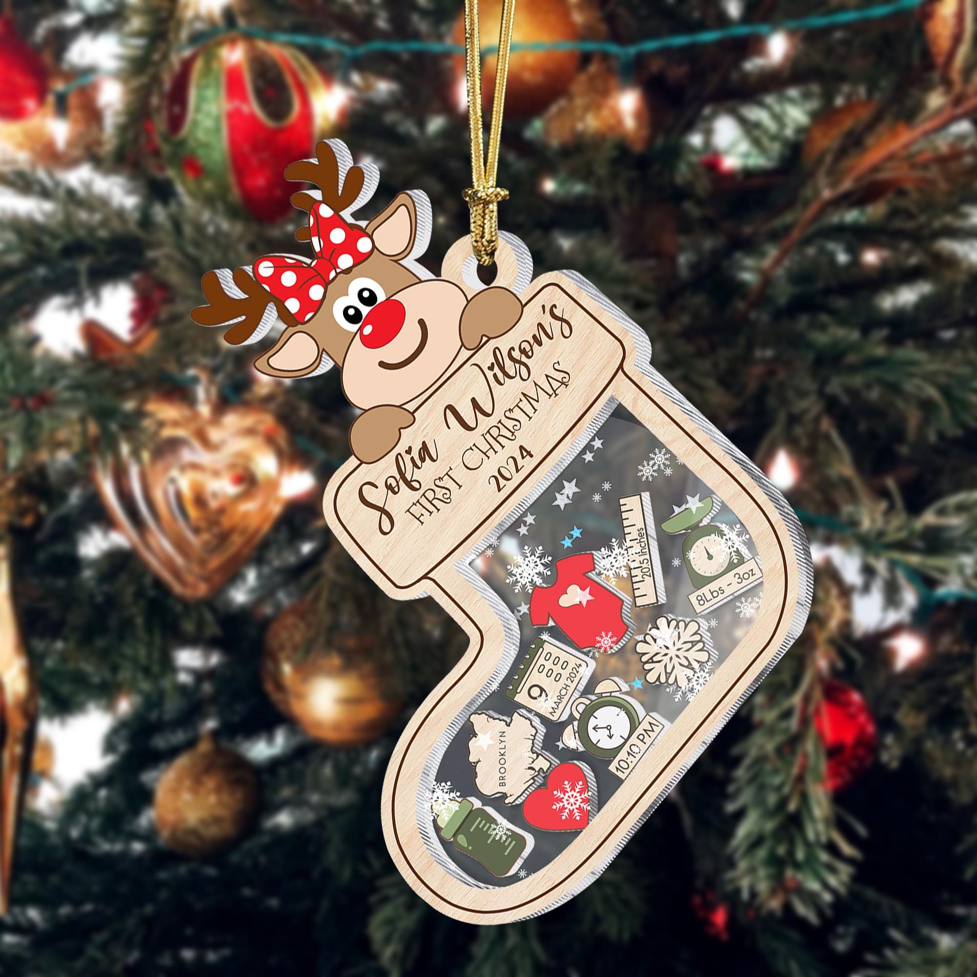 Personalized Reindeer 4D Shaker Ornament Gift for Baby's First Christmas 2024, Baby Shower Gift, Baby Name Xmas Keepsake