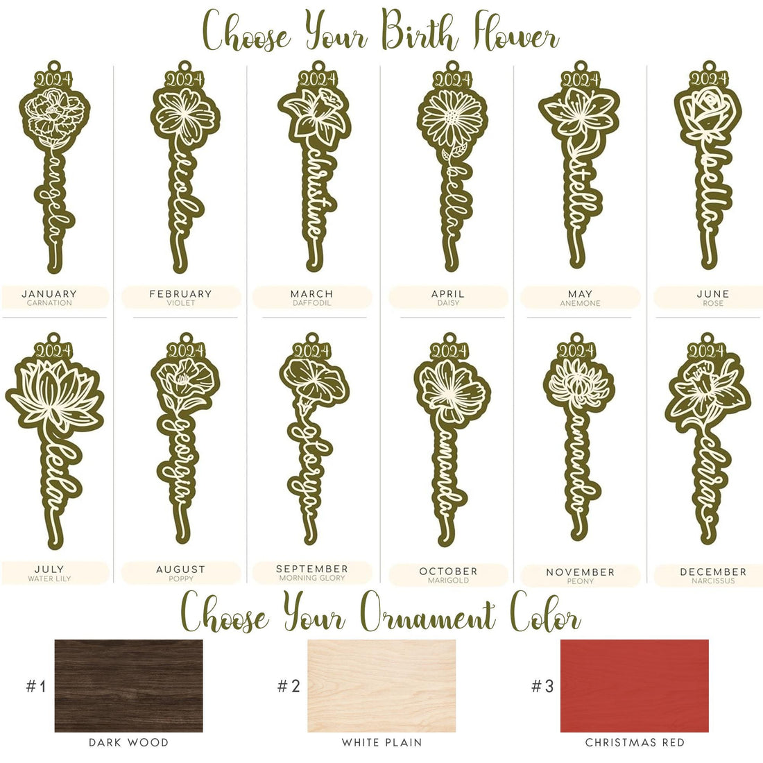 Personalized Engraved Name Birth Month Flower Wooden Ornaments 2024, Christmas Stocking Name Tags, Wooden Stocking Tag