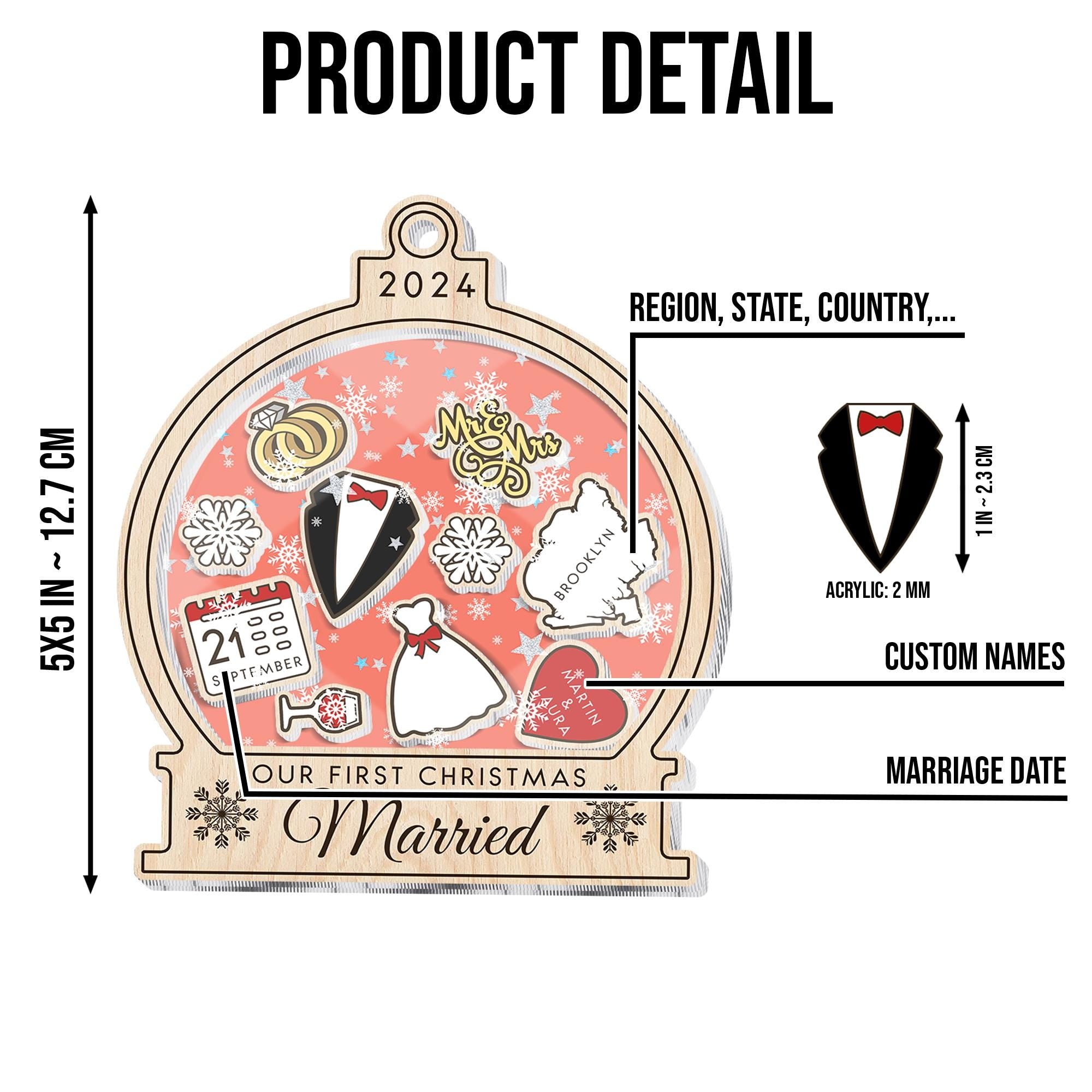 Personalized First Christmas Married 4D Shaker Ornament, Christmas Decoration Romantic Gifts for Mr & Mrs, Couples Gift