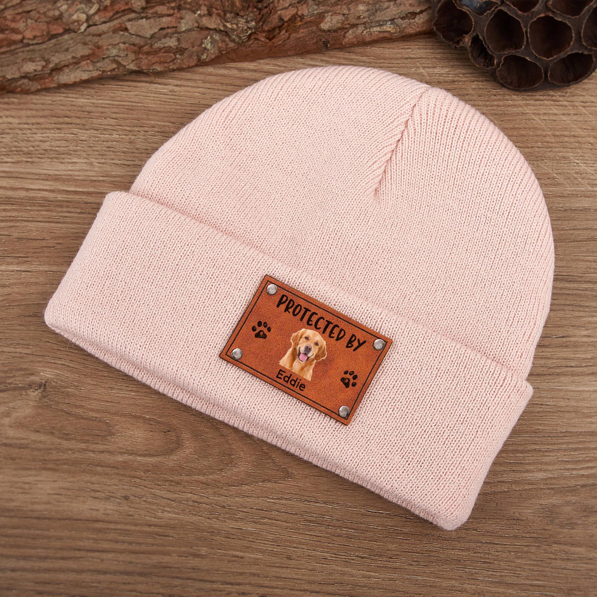 Baby Beanie Protected By Custom Portraits Using Pet Photo, Personalized Baby Beanie with Leather Patch, Beanie for Newborn, Infant, Baby