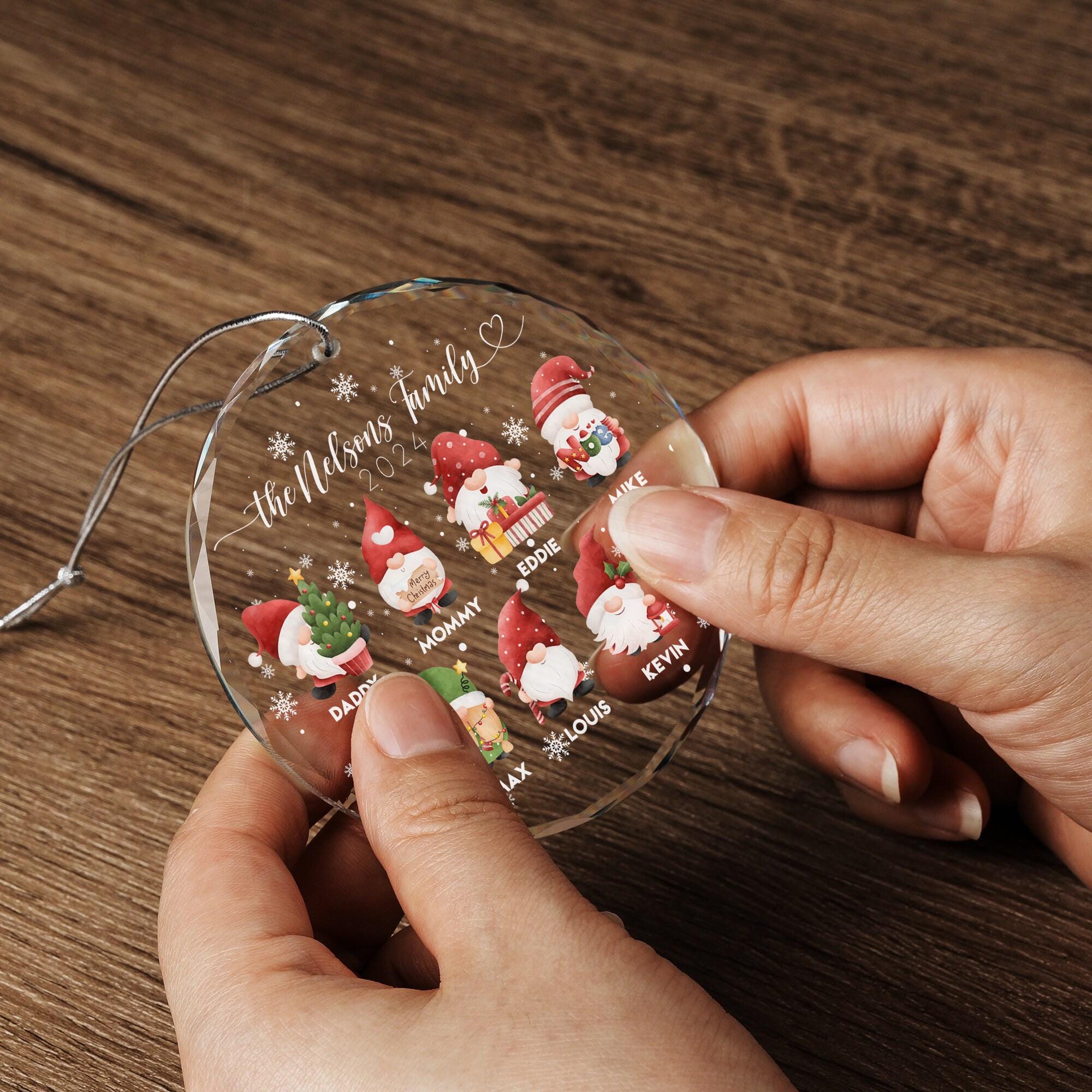 Personalized Christmas Gnome Family Glass Ornament with Names for Christmas Tree