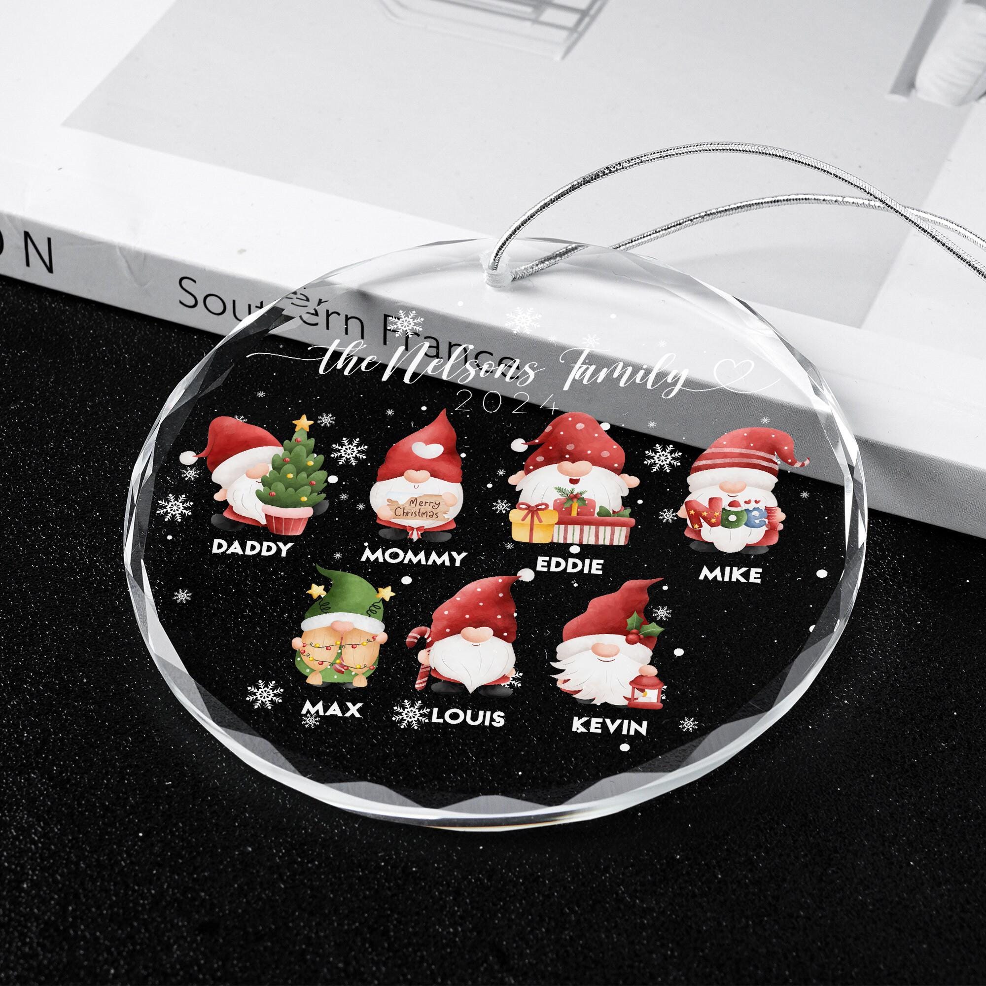 Personalized Christmas Gnome Family Glass Ornament with Names for Christmas Tree