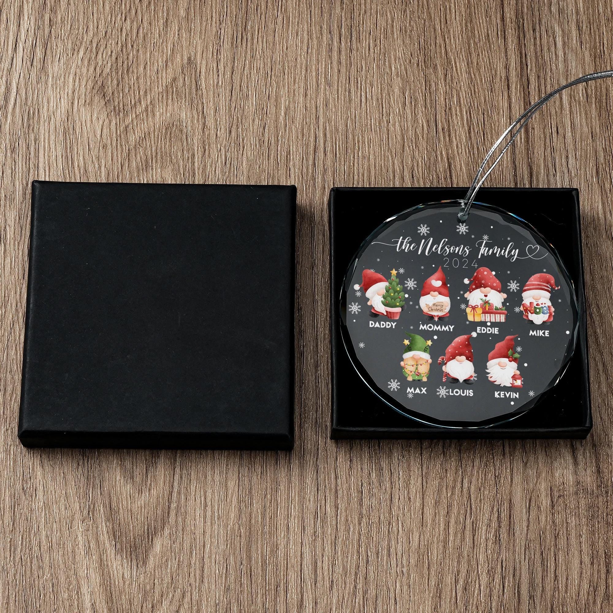 Personalized Christmas Gnome Family Glass Ornament with Names for Christmas Tree