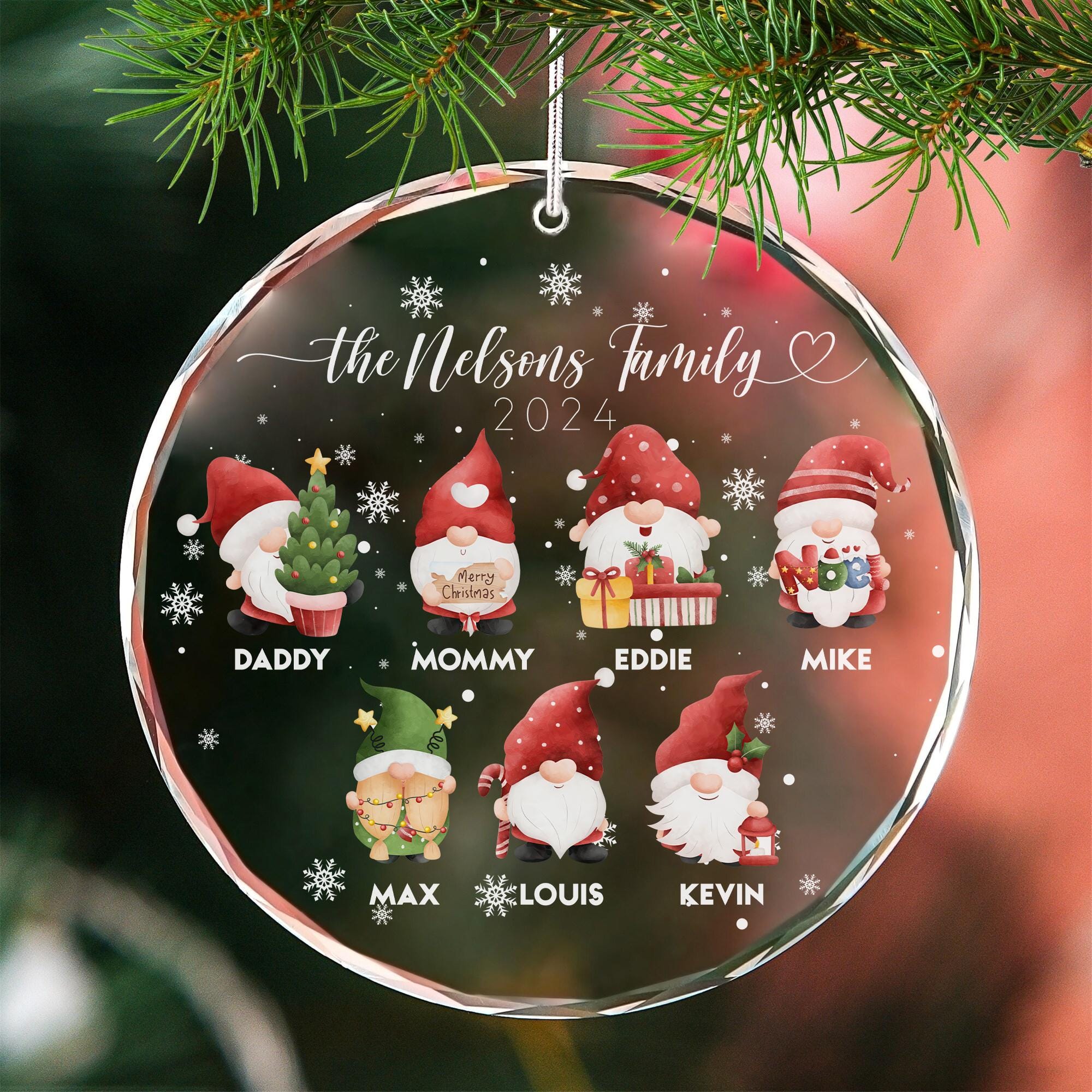 Personalized Christmas Gnome Family Glass Ornament with Names for Christmas Tree