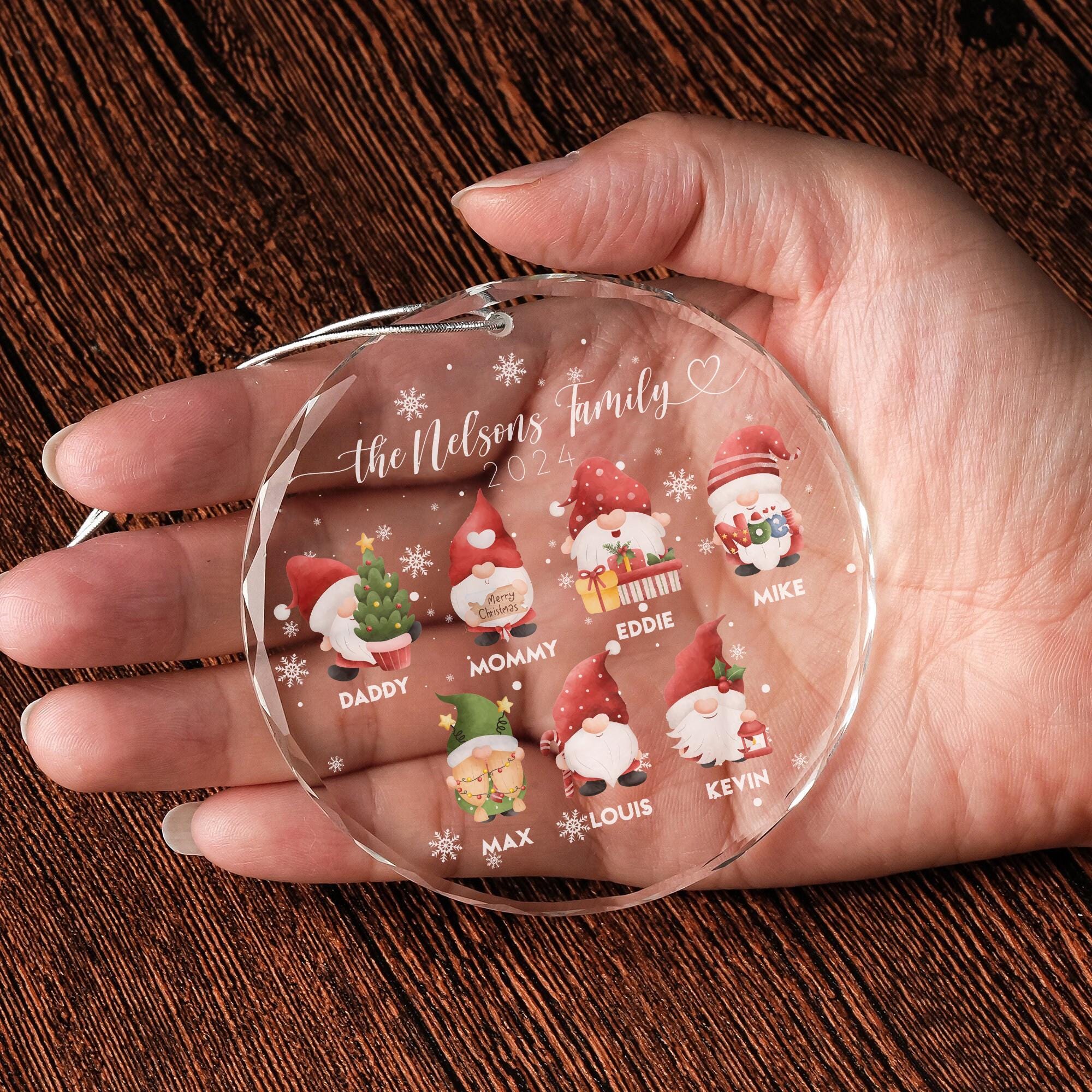 Personalized Christmas Gnome Family Glass Ornament with Names for Christmas Tree