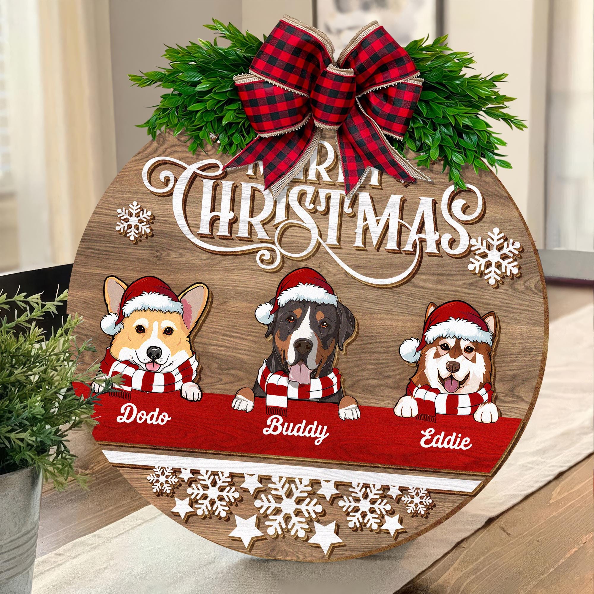 Personalized Dog Door Sign, Christmas Wreath Decorations, Gifts For Dog Lovers, Merry Christmas Wooden Welcome Door Signs, Dog Mom Gifts