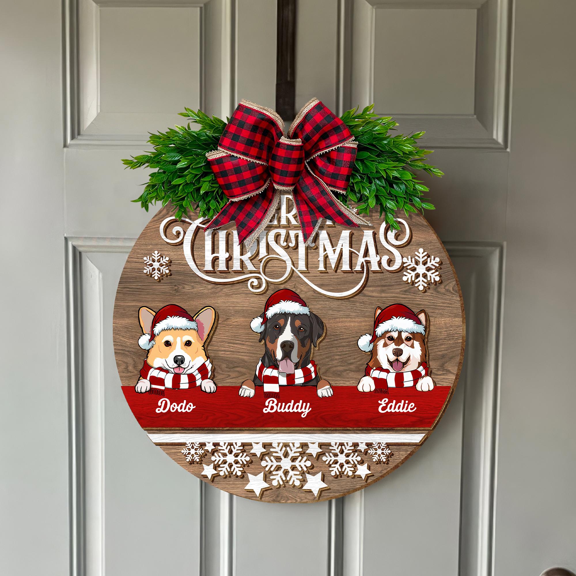 Personalized Dog Door Sign, Christmas Wreath Decorations, Gifts For Dog Lovers, Merry Christmas Wooden Welcome Door Signs, Dog Mom Gifts