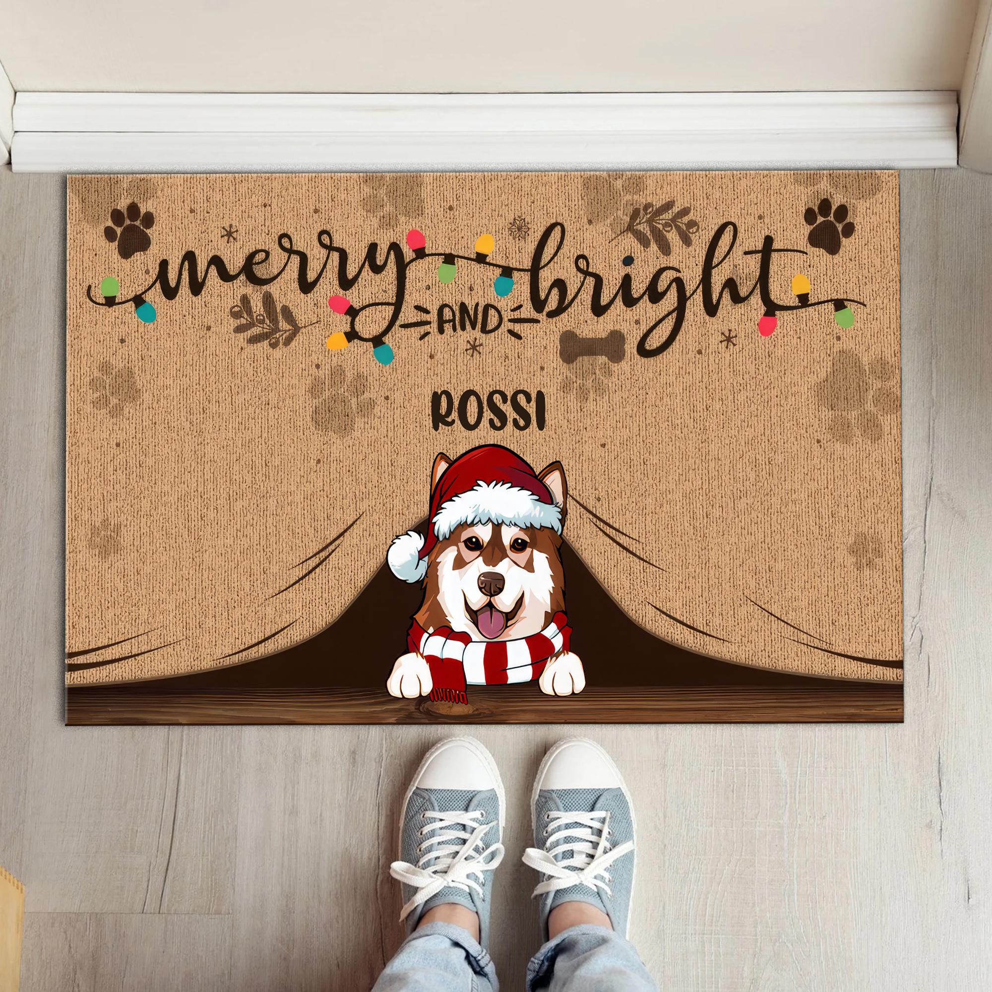 Merry And Bright Dog Peeking Welcome Mat, Christmas Personalized Doormat for Dogs, Gifts For Dog Lovers, Housewarming Gift for Dog Mama