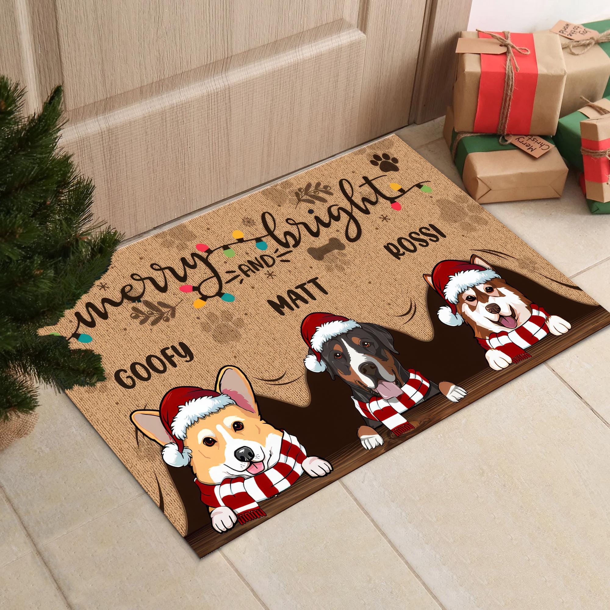 Merry And Bright Dog Peeking Welcome Mat, Christmas Personalized Doormat for Dogs, Gifts For Dog Lovers, Housewarming Gift for Dog Mama