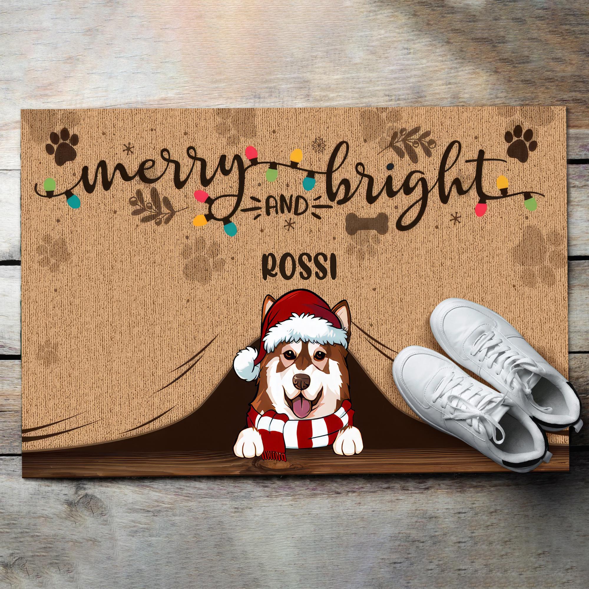 Merry And Bright Dog Peeking Welcome Mat, Christmas Personalized Doormat for Dogs, Gifts For Dog Lovers, Housewarming Gift for Dog Mama