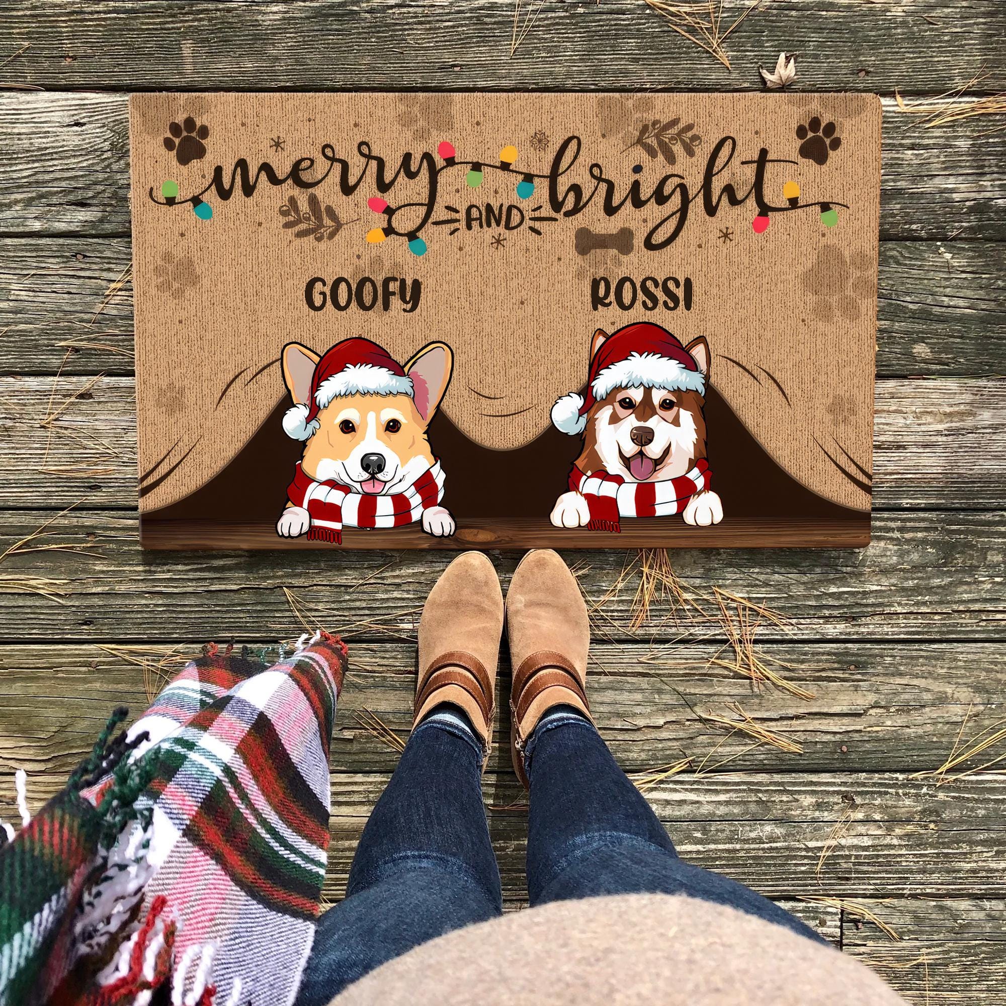 Merry And Bright Dog Peeking Welcome Mat, Christmas Personalized Doormat for Dogs, Gifts For Dog Lovers, Housewarming Gift for Dog Mama
