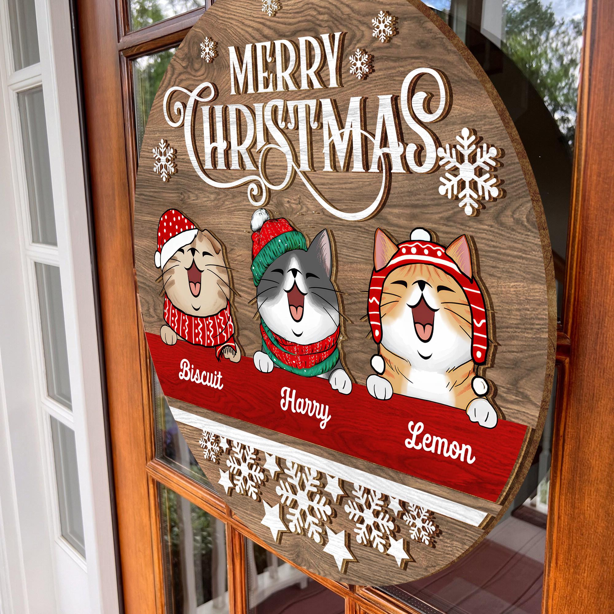 Merry Christmas Personalized Cat Welcome Wood Sign, Christmas Wreath Decorations, Gifts For Cat Lovers, Xmas Gifts, Front Door Hanger