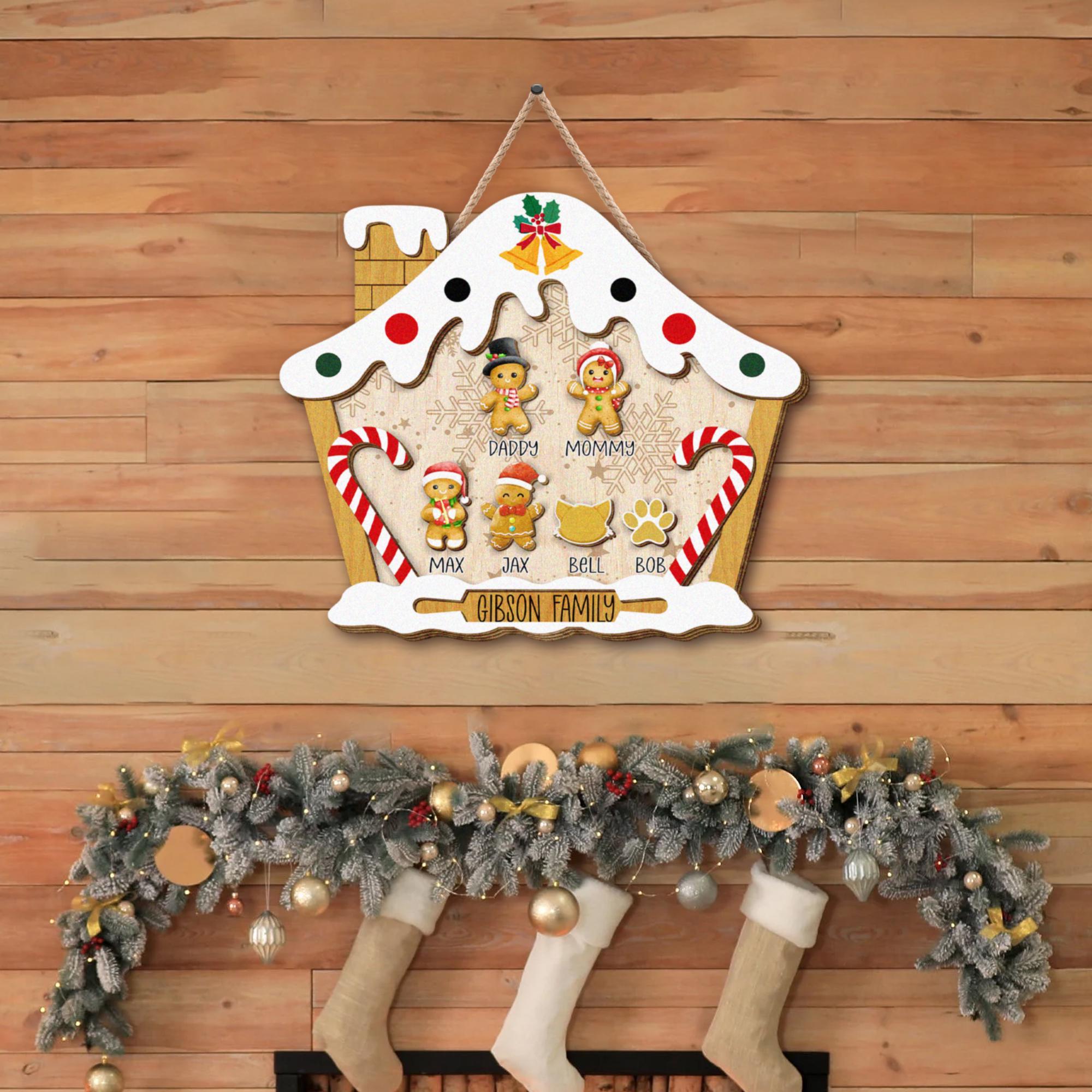 Personalized Christmas Gingerbread Family House with Names Framed Wooden Sign