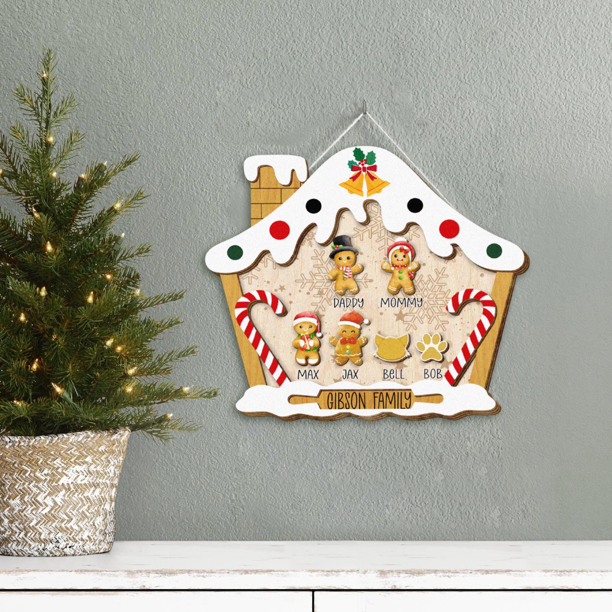 Personalized Christmas Gingerbread Family House with Names Framed Wooden Sign