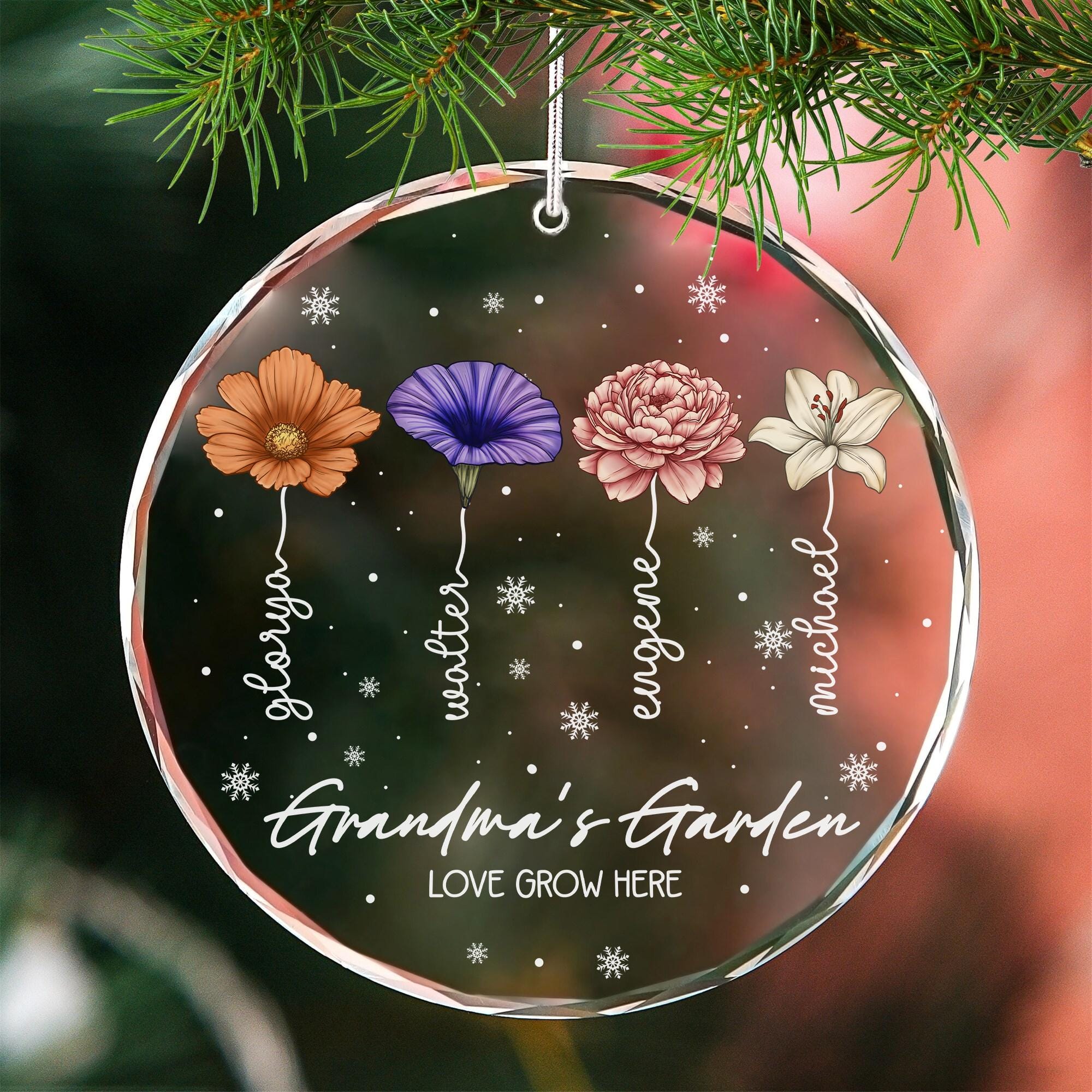 Grandma's Garden Birth Flower Personalized Christmas Crystal Ornament Gift for Grandma from Grandchildren