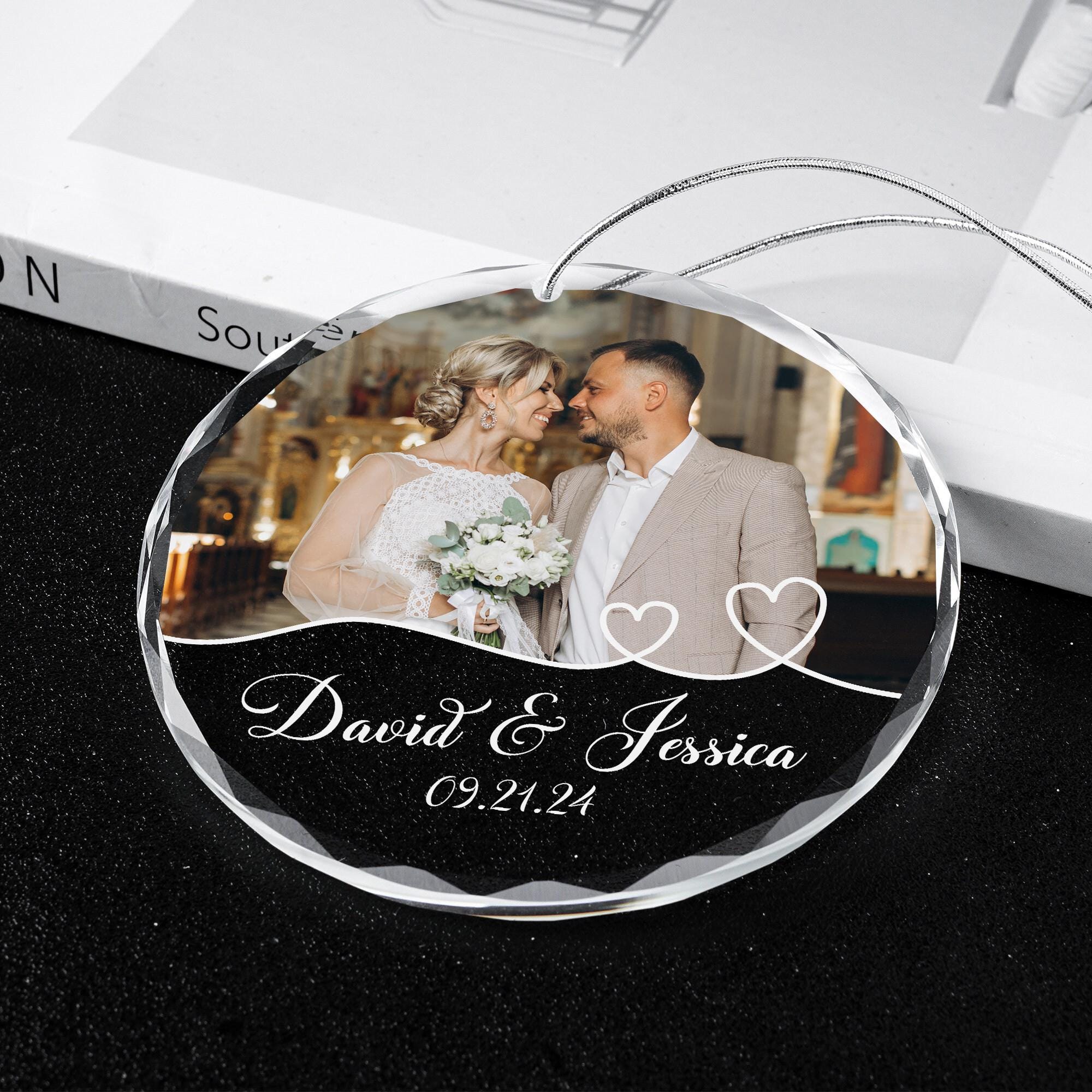 Personalized Couple Photo Crystal Ornament, Newly Married Glass Ornaments, Valentine Gifts, Bridal Shower, Mr & Mrs Christmas Keepsake Gifts