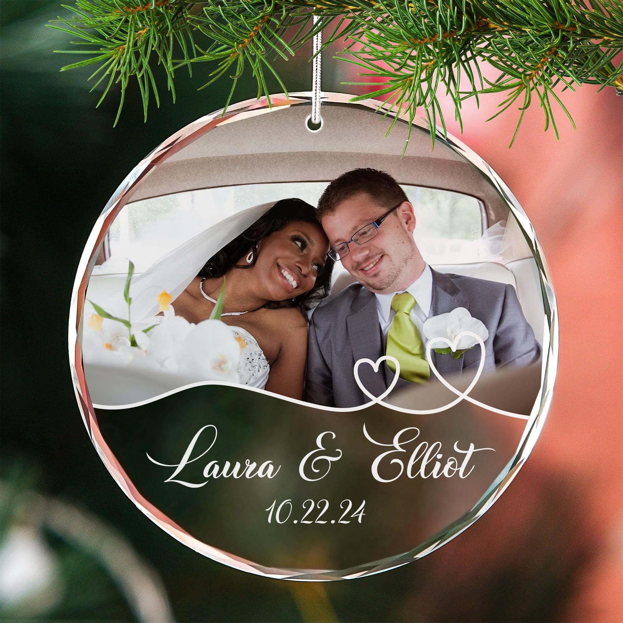 Personalized Couple Photo Crystal Ornament, Newly Married Glass Ornaments, Valentine Gifts, Bridal Shower, Mr & Mrs Christmas Keepsake Gifts