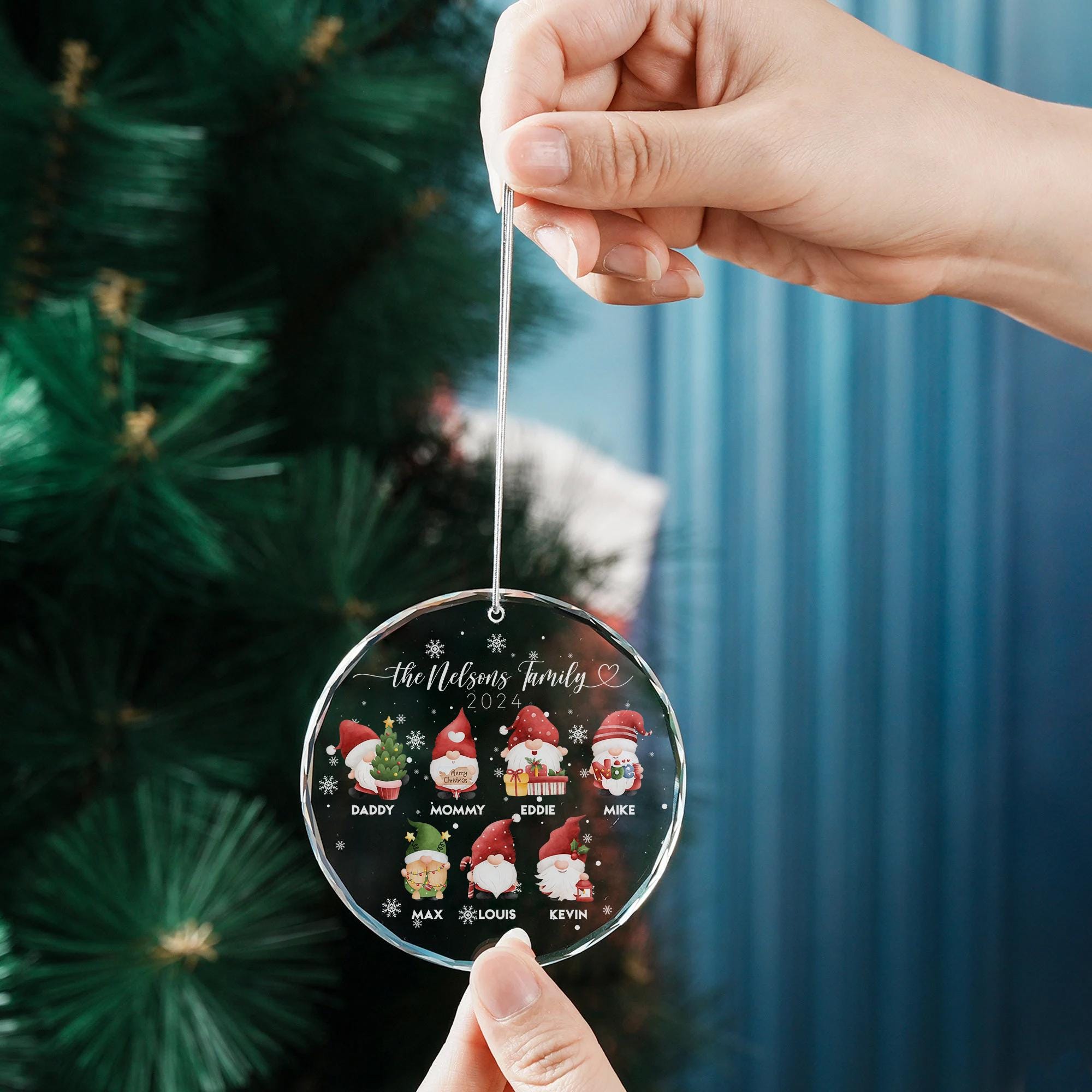 Personalized Christmas Gnome Family Glass Ornament with Names for Christmas Tree
