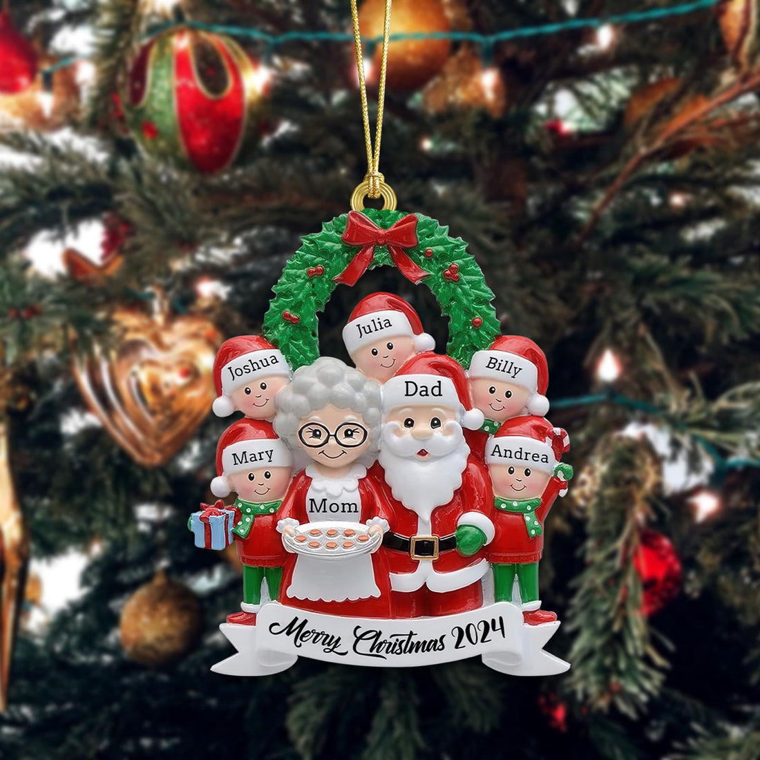 Personalized Family Santa Claus Christmas Resin Ornament, 2024 Family of 7 Christmas Ornament Stocking for Tree Decoration