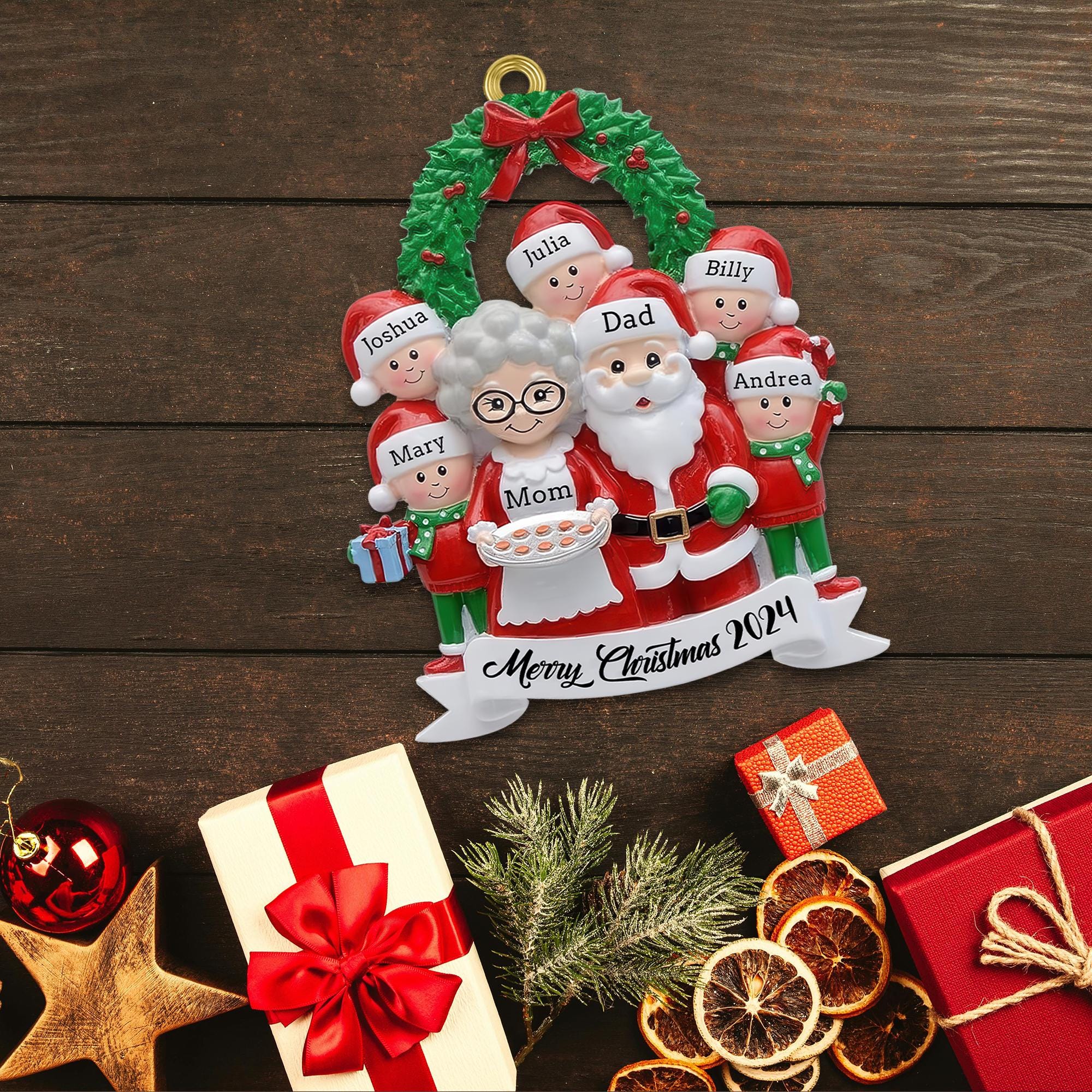 Personalized Family Santa Claus Christmas Resin Ornament, 2024 Family of 7 Christmas Ornament Stocking for Tree Decoration