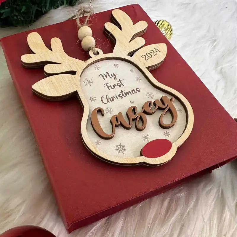 Reindeer Wooden Ornament, Reindeer Stocking Tags, Personalized Christmas Ornaments Gift for Family, Baby's First Christmas, Kids Gift