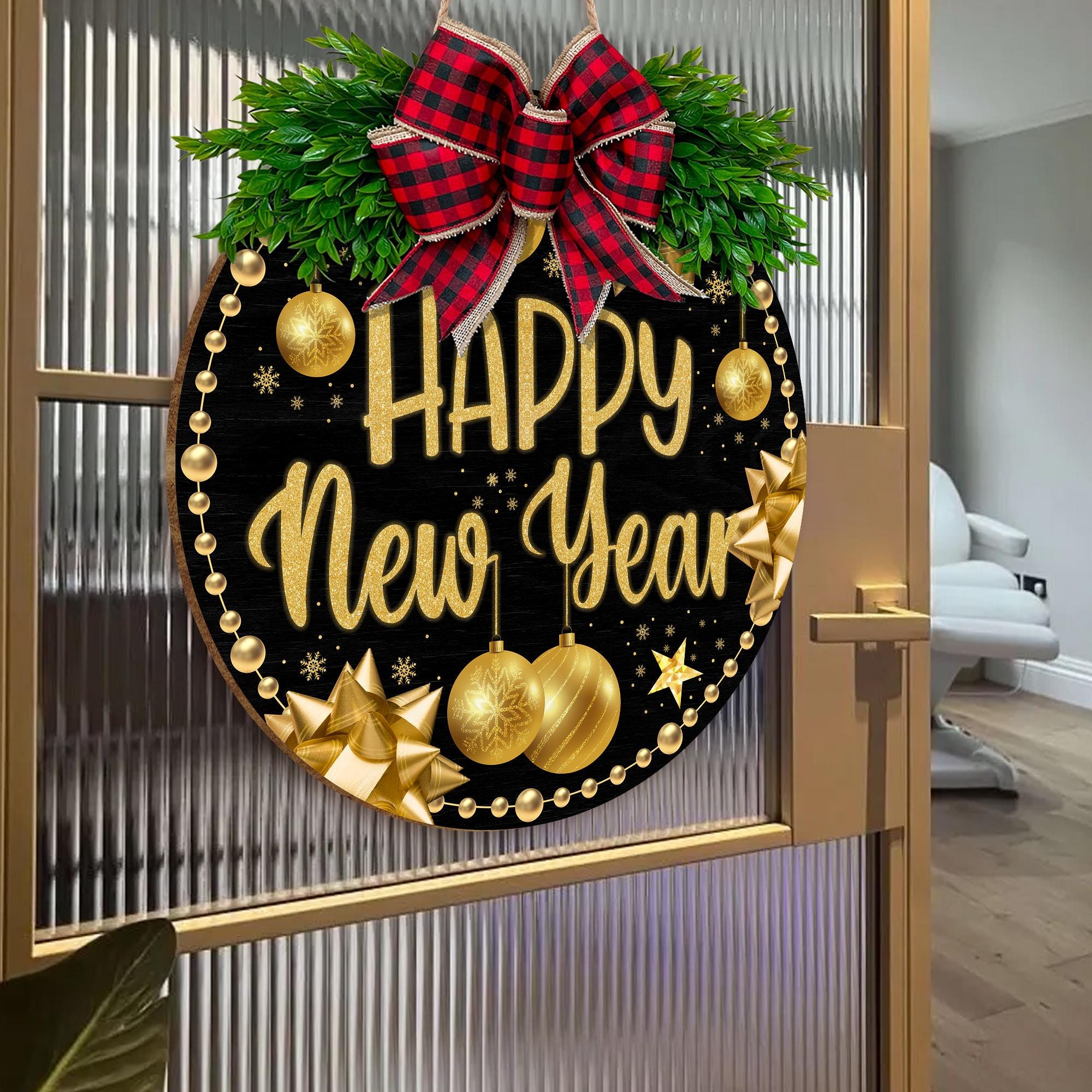 Happy New Year Front Door Hanging Sign, Festive Holiday Round Sign with Red Plaid Bow, New Years Eve Wreath Home Decoration