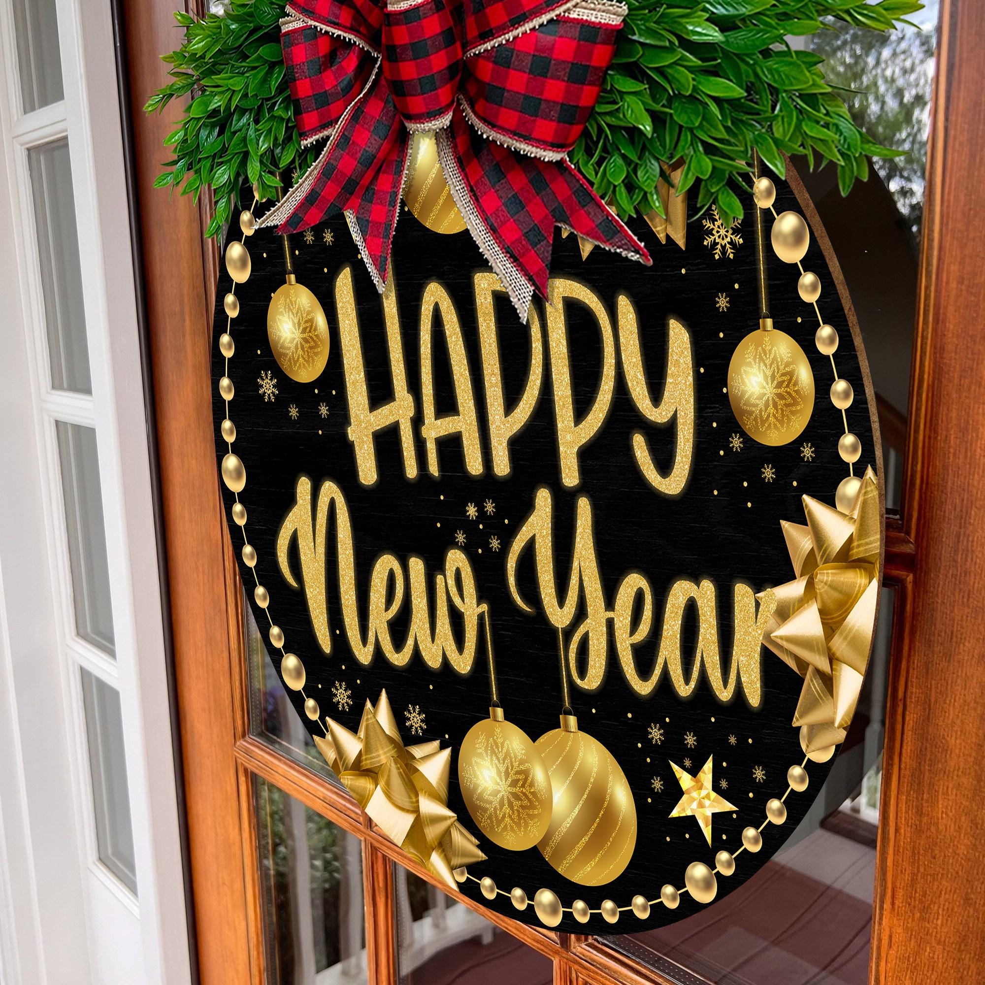 Happy New Year Front Door Hanging Sign, Festive Holiday Round Sign with Red Plaid Bow, New Years Eve Wreath Home Decoration
