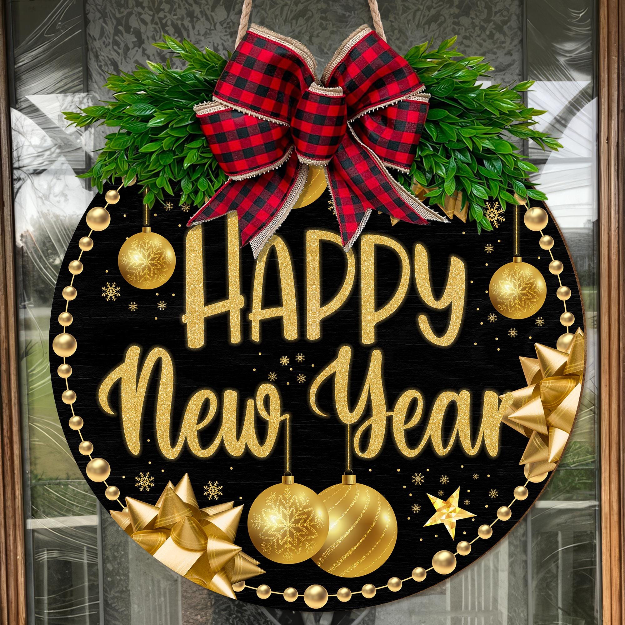Happy New Year Front Door Hanging Sign, Festive Holiday Round Sign with Red Plaid Bow, New Years Eve Wreath Home Decoration