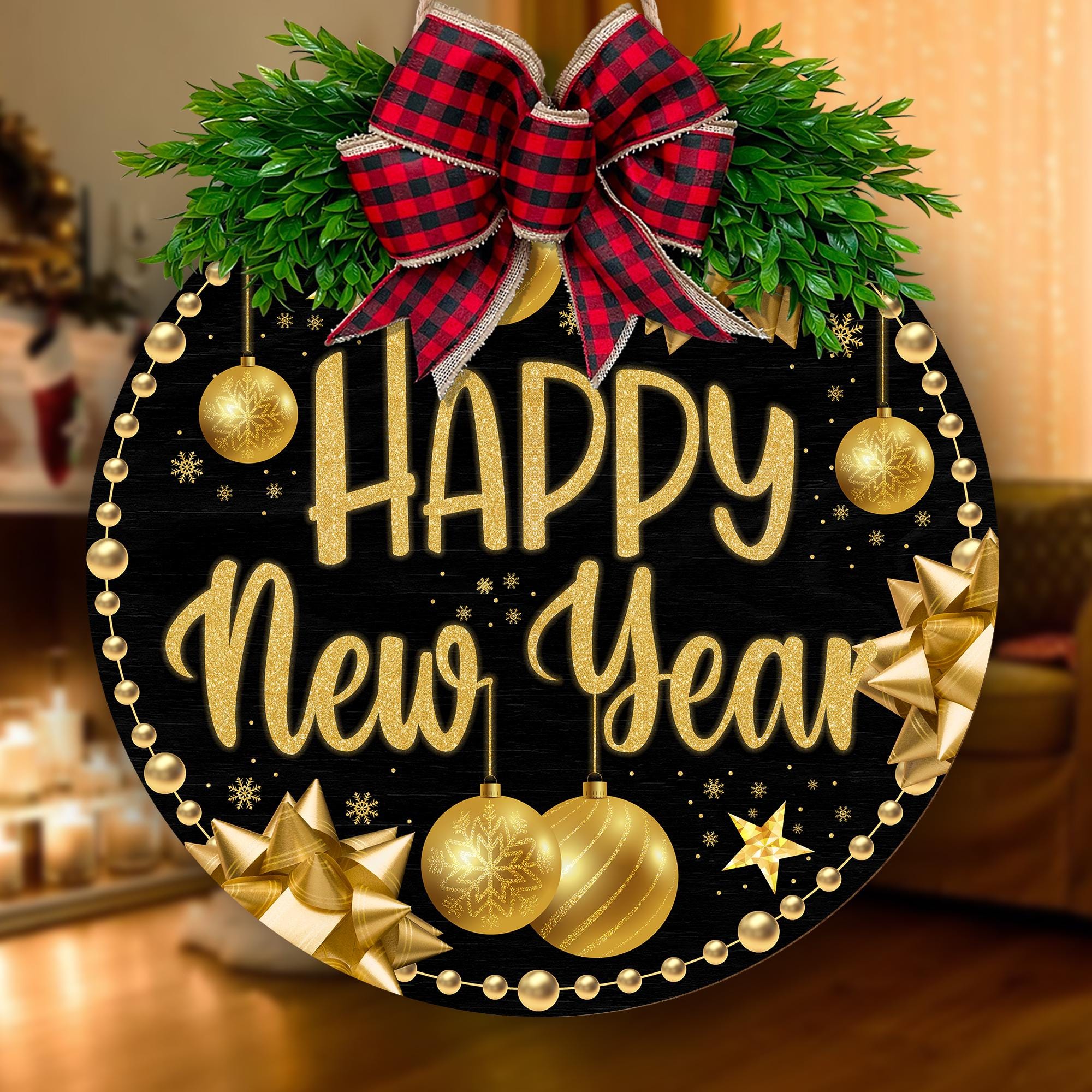 Happy New Year Front Door Hanging Sign, Festive Holiday Round Sign with Red Plaid Bow, New Years Eve Wreath Home Decoration