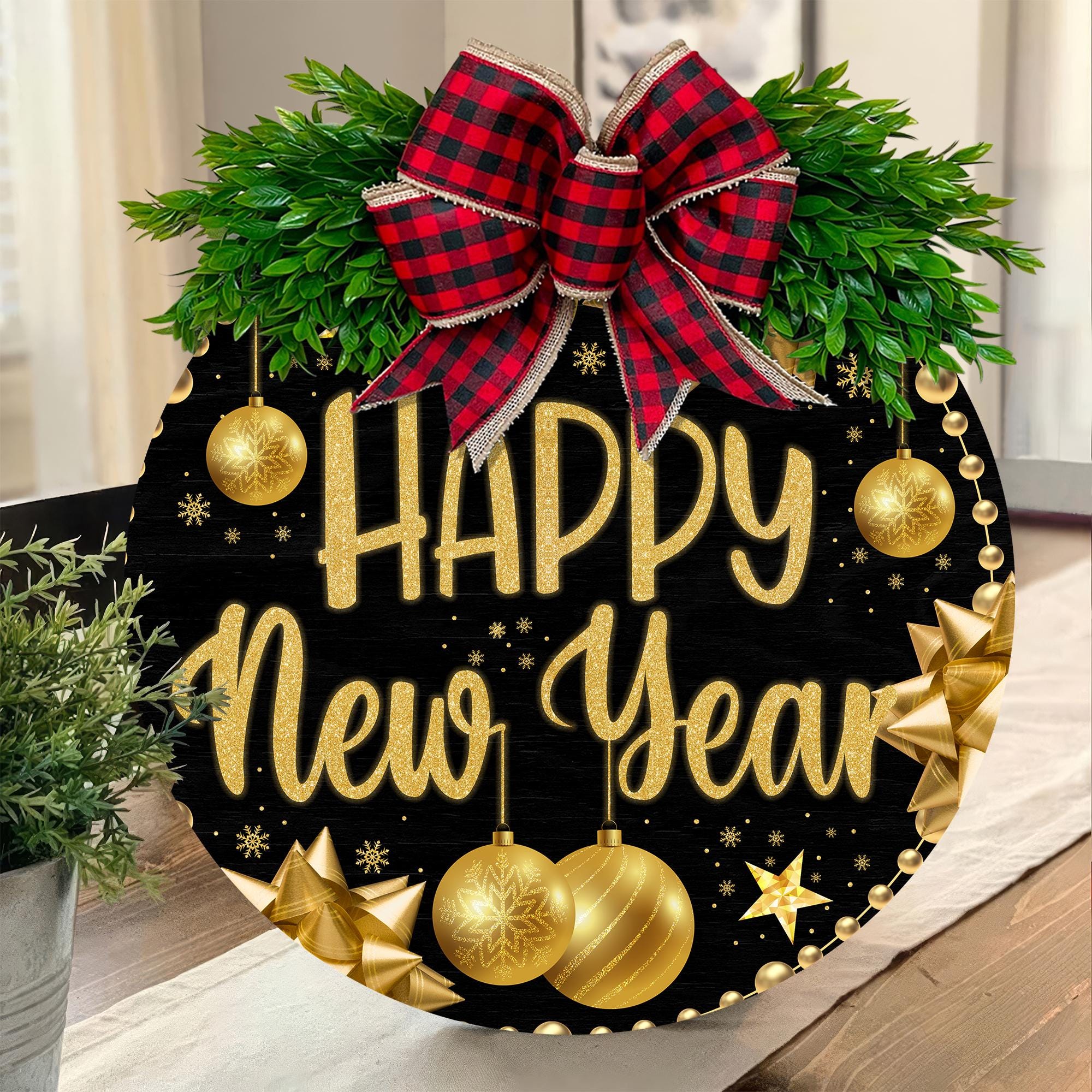 Happy New Year Front Door Hanging Sign, Festive Holiday Round Sign with Red Plaid Bow, New Years Eve Wreath Home Decoration