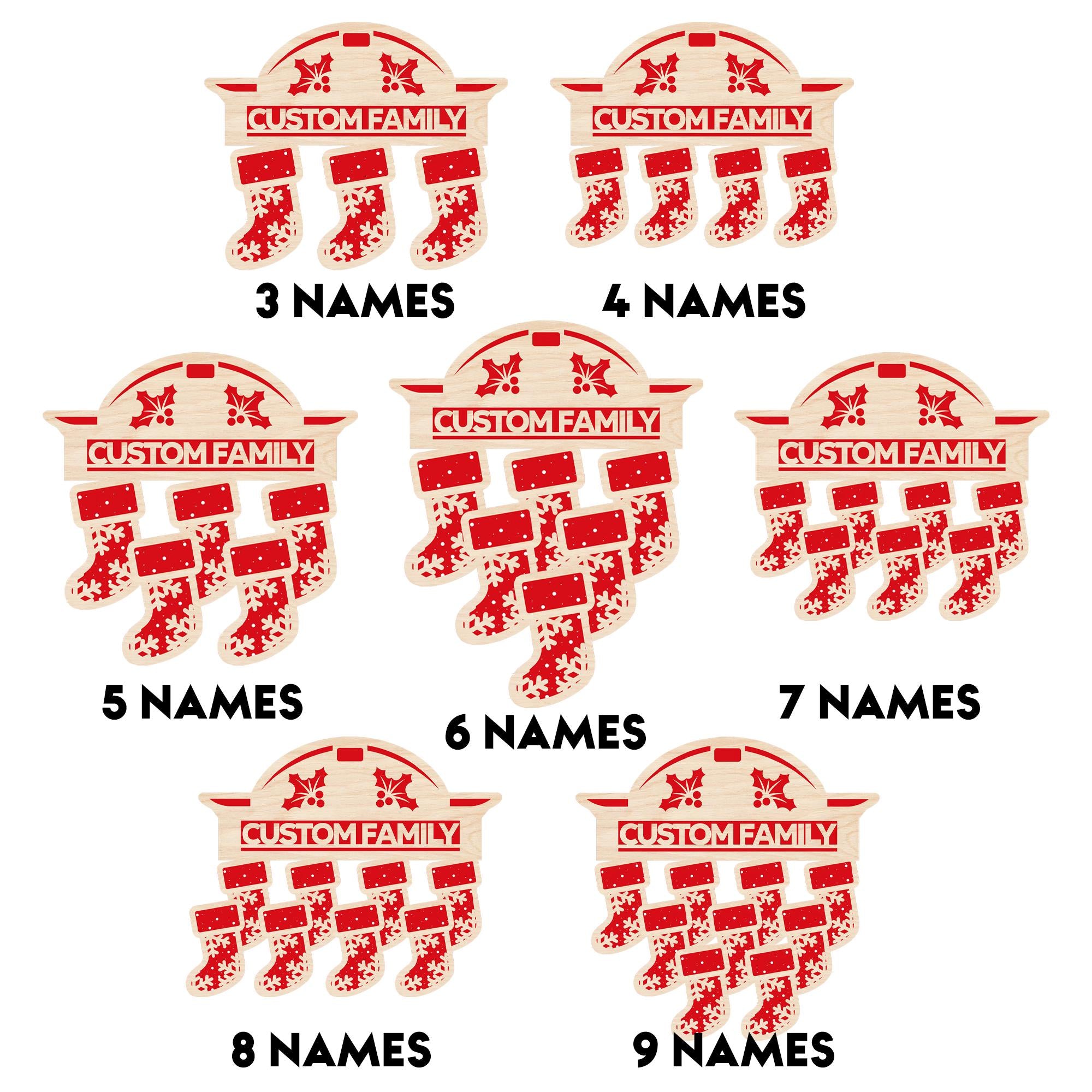 Personalized Wooden Stocking Christmas Ornaments with Names Family of 9 - Ornaments for Christmas Tree Decorations