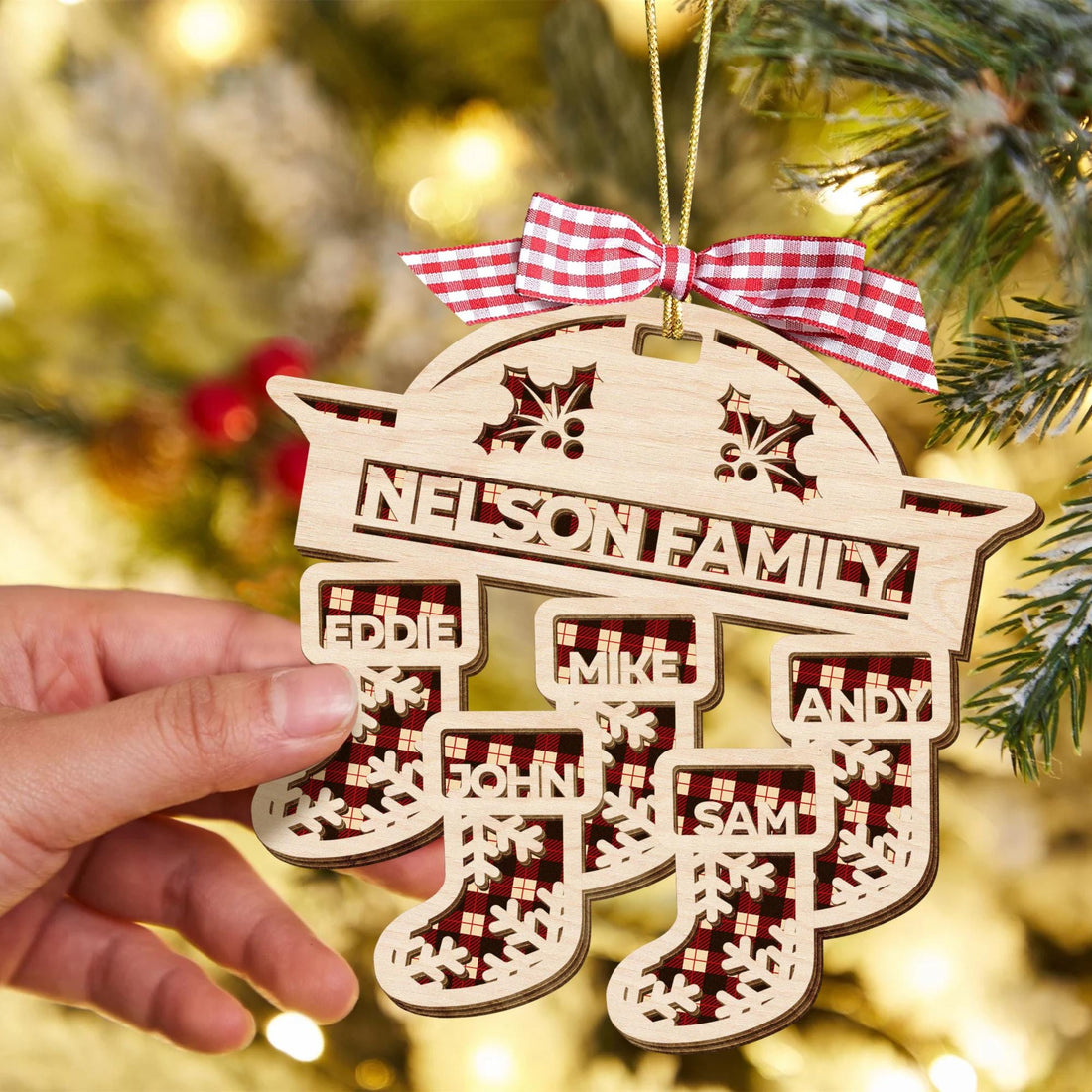 Personalized Wooden Stocking Christmas Ornaments with Names Family of 9 - Ornaments for Christmas Tree Decorations