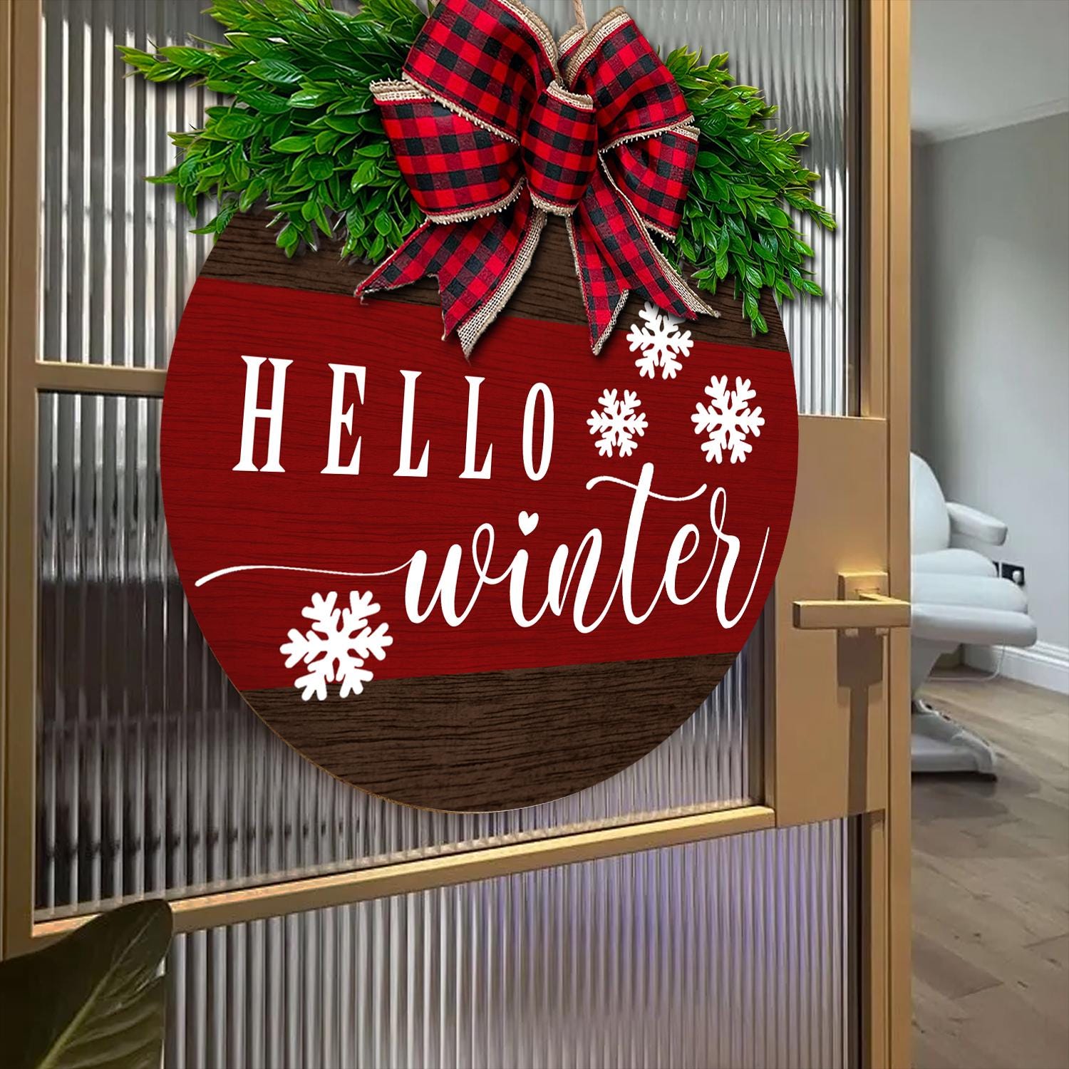 Hello Winter Door Sign, Rustic Wooden Winter Wreath, Buffalo Plaid Bow Front Door Decor, Seasonal Farmhouse Entryway Decoration