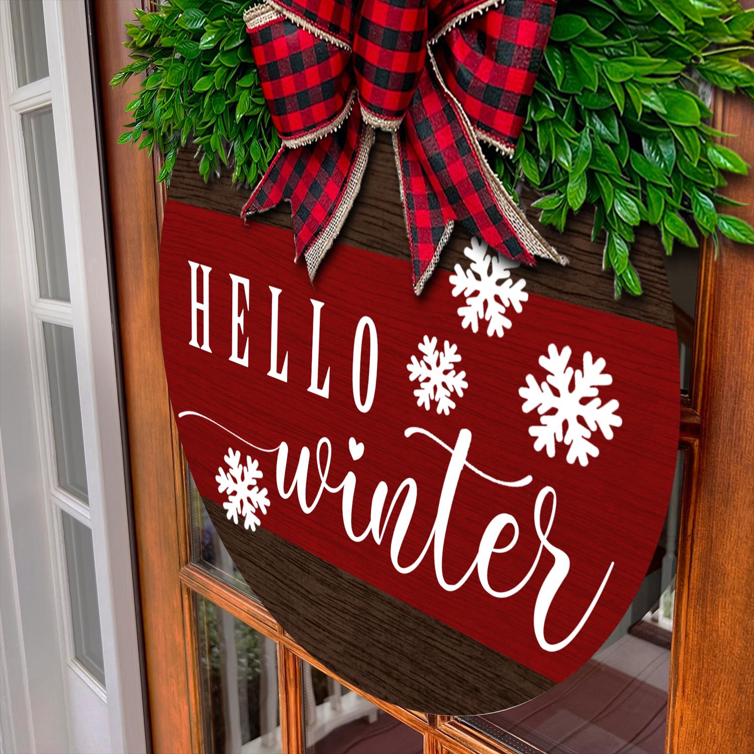 Hello Winter Door Sign, Rustic Wooden Winter Wreath, Buffalo Plaid Bow Front Door Decor, Seasonal Farmhouse Entryway Decoration