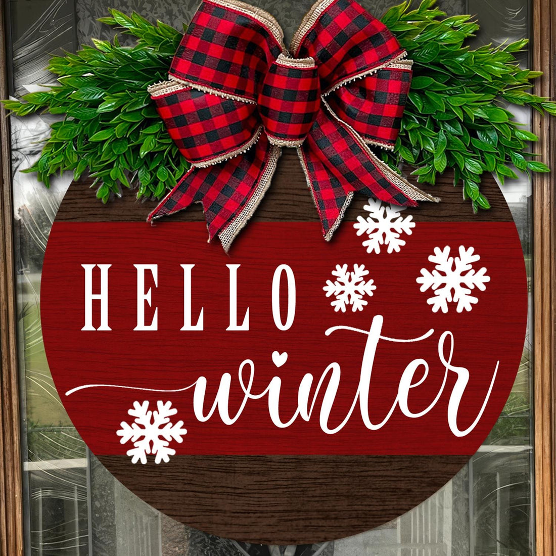 Hello Winter Door Sign, Rustic Wooden Winter Wreath, Buffalo Plaid Bow Front Door Decor, Seasonal Farmhouse Entryway Decoration