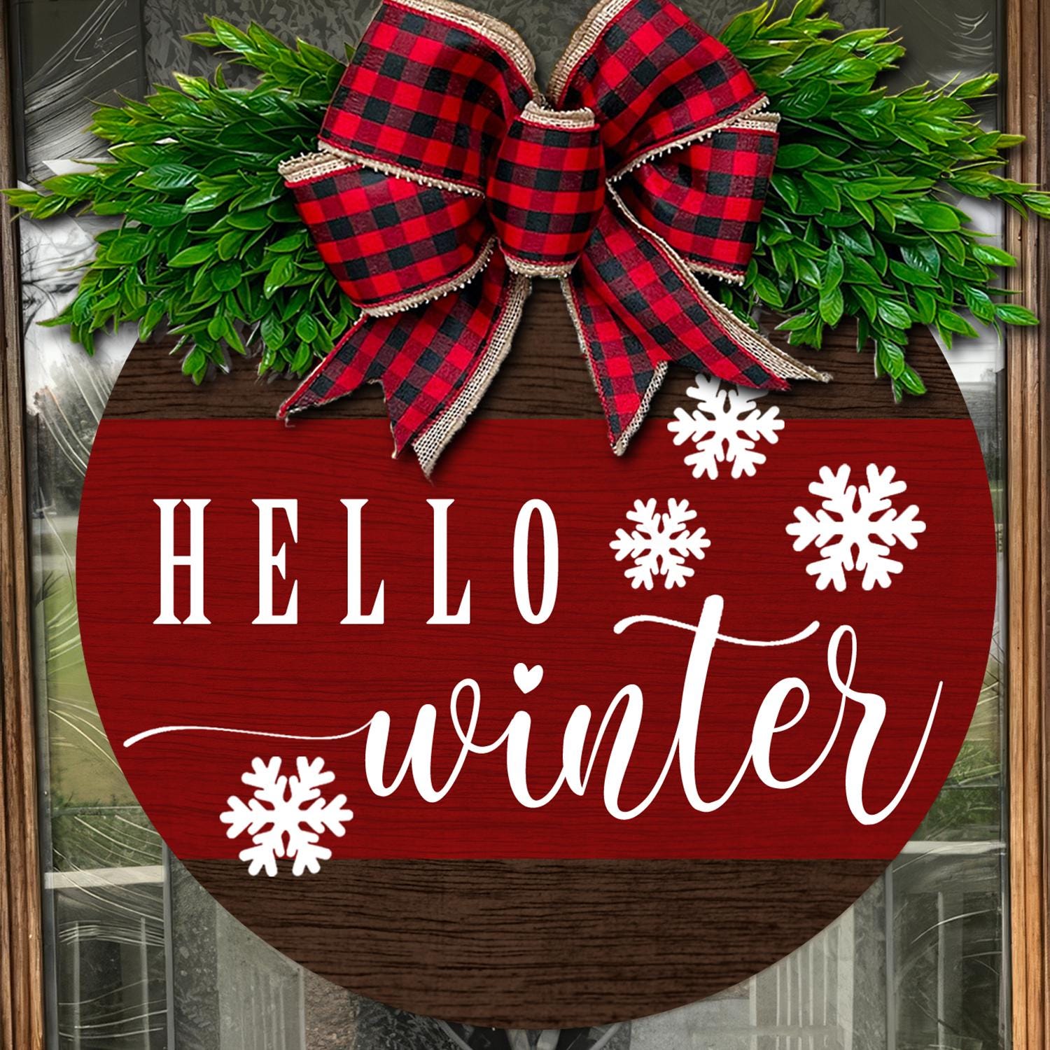 Hello Winter Door Sign, Rustic Wooden Winter Wreath, Buffalo Plaid Bow Front Door Decor, Seasonal Farmhouse Entryway Decoration