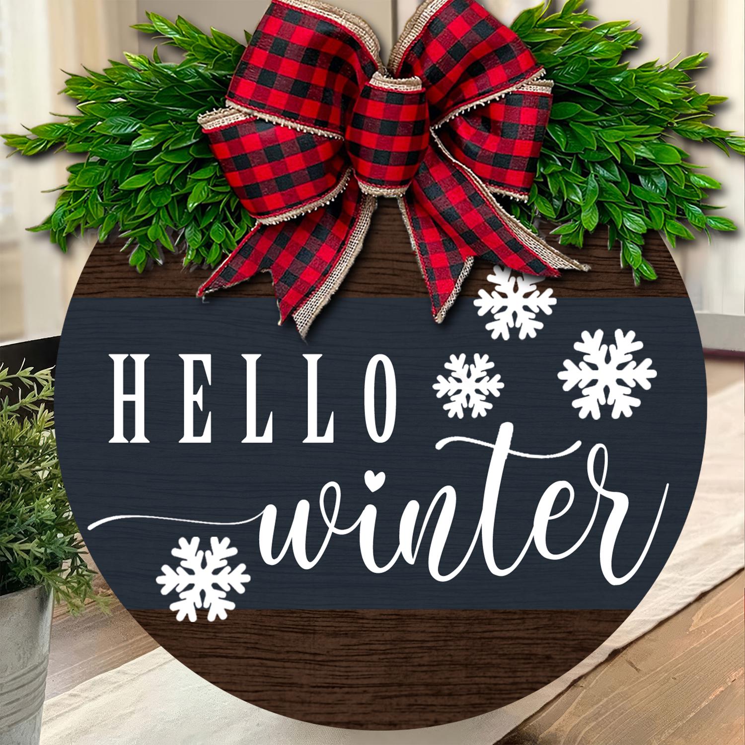 Rustic Hello Winter Door Sign with Buffalo Plaid Bow  Farmhouse Holiday Wreath for Winter Decor and Seasonal Front Door Hanger