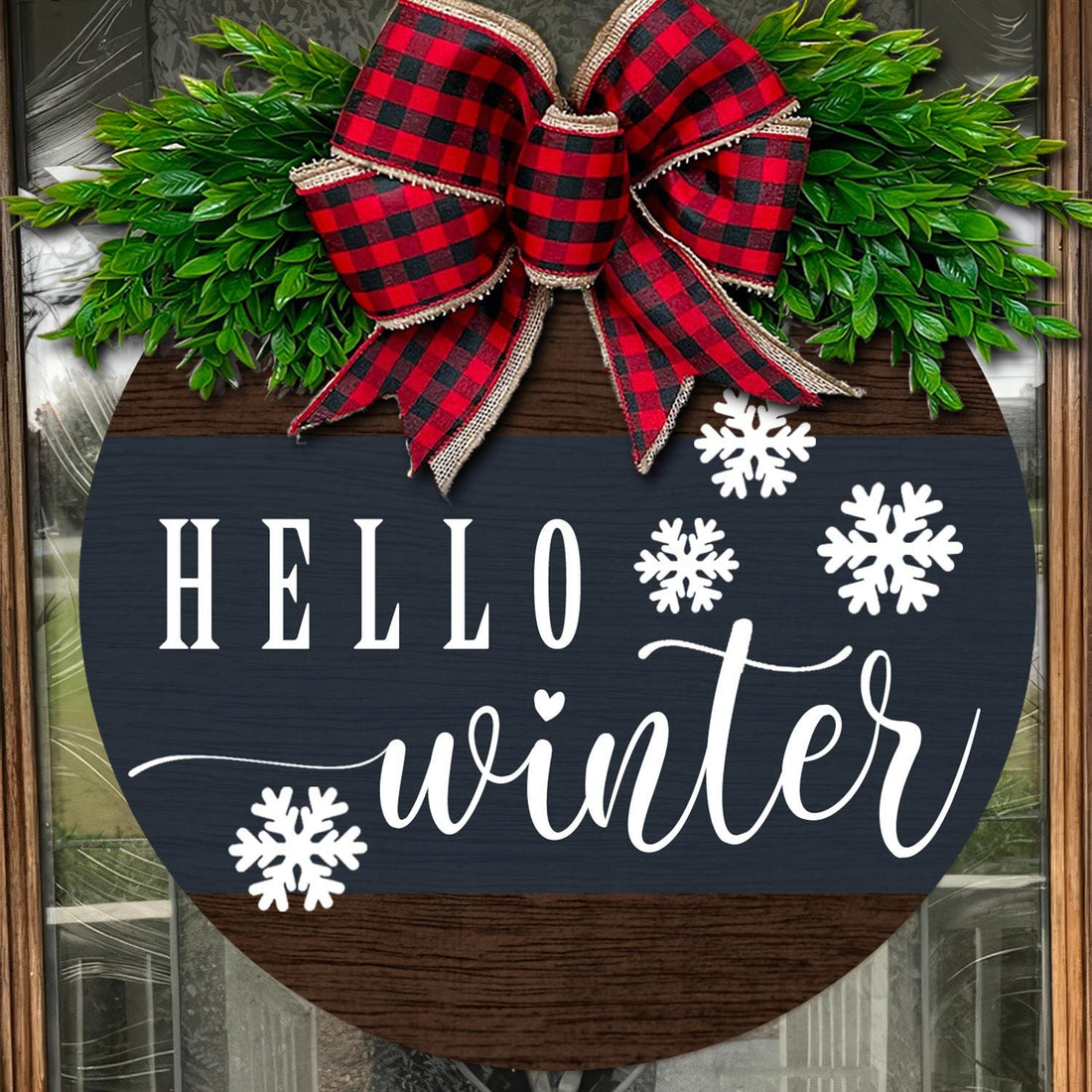 Rustic Hello Winter Door Sign with Buffalo Plaid Bow  Farmhouse Holiday Wreath for Winter Decor and Seasonal Front Door Hanger